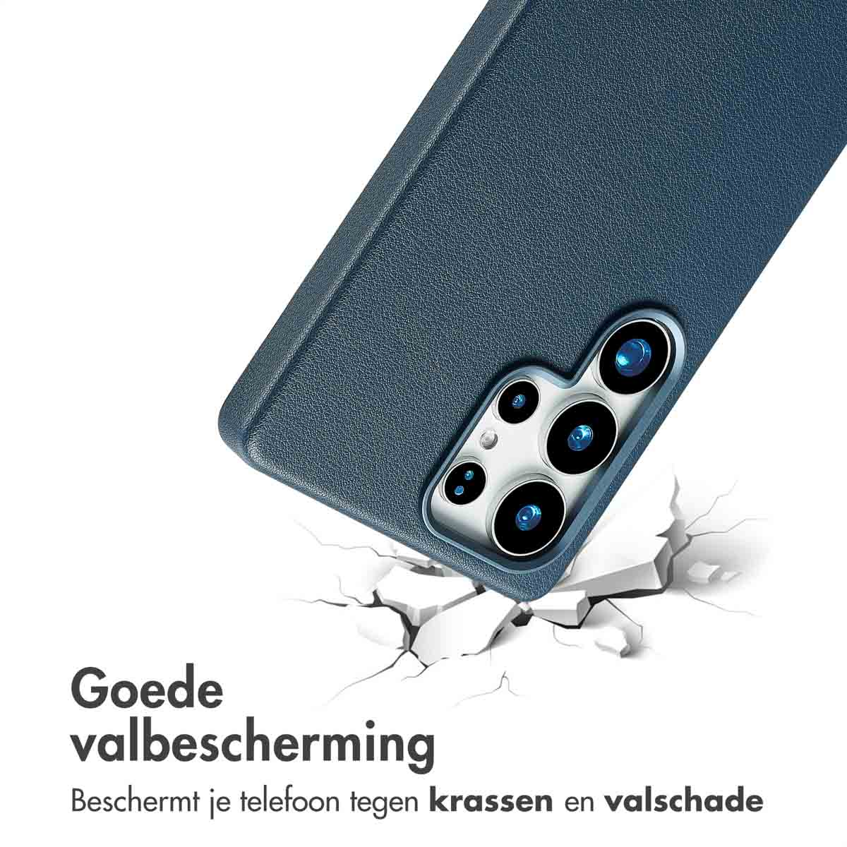 Telefoonhoes op de grond, gebarsten grond. Tekst over goede valbescherming.