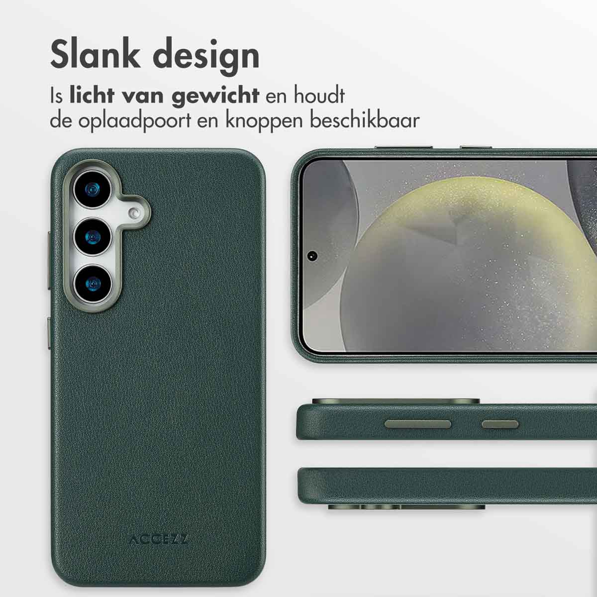 Coque de téléphone verte avec un téléphone, et un gros plan de l'écran et des boutons.