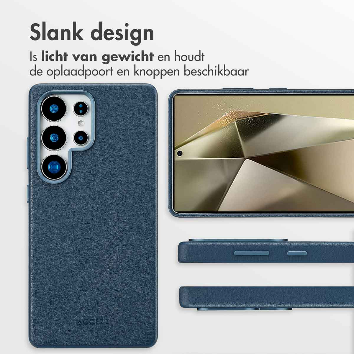 Blauwe telefoonhoes met camera. Licht ontwerp, poorten en knoppen toegankelijk.