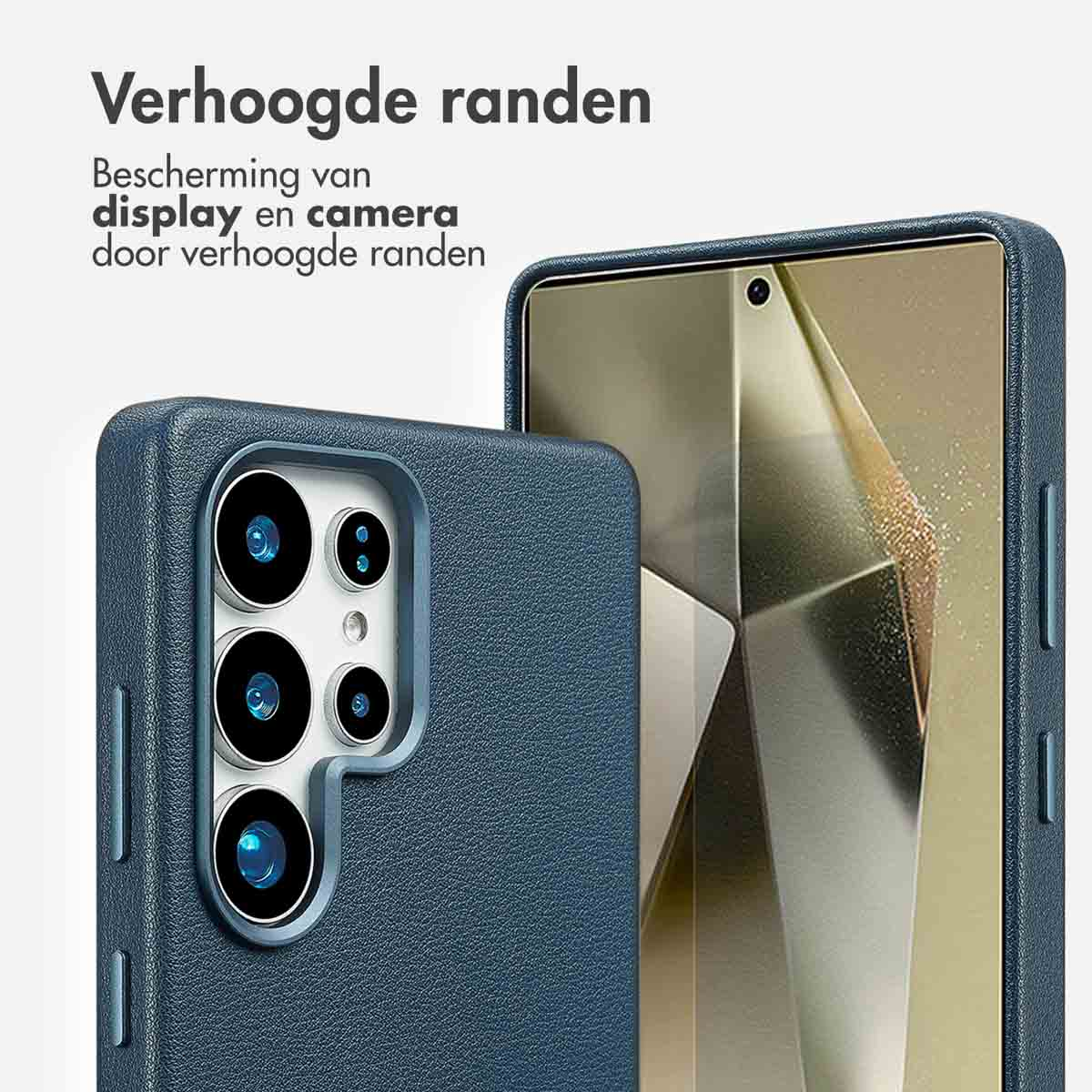 Blauwe telefoonhoes met verhoogde randen, een telefoon en tekst over schermbescherming.