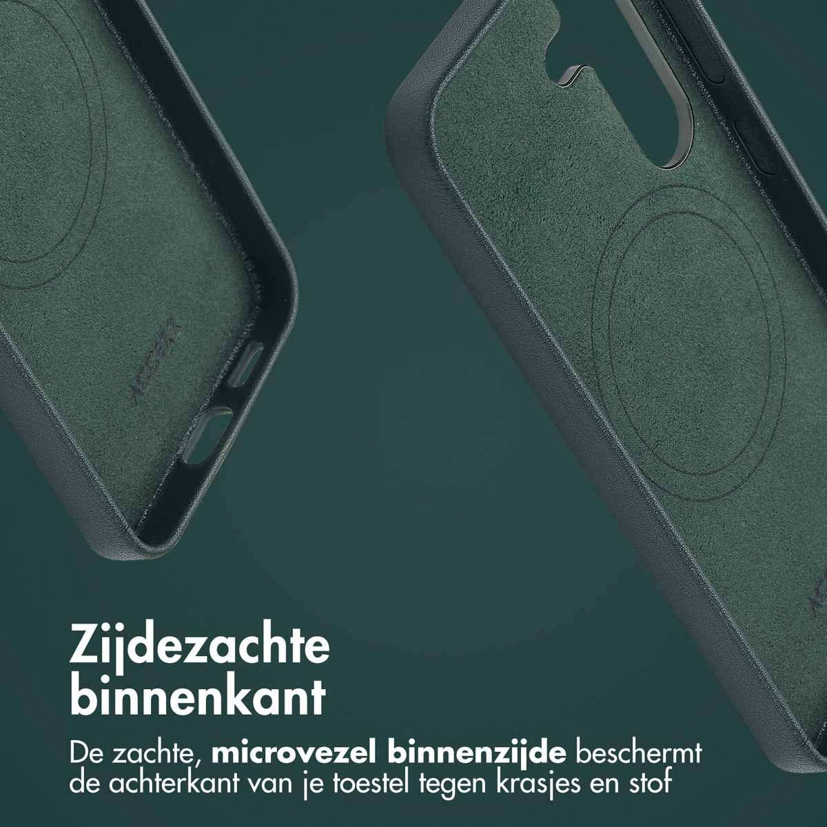 Gros plan de l'intérieur d'un étui de téléphone vert. L'intérieur est en microfibre douce.