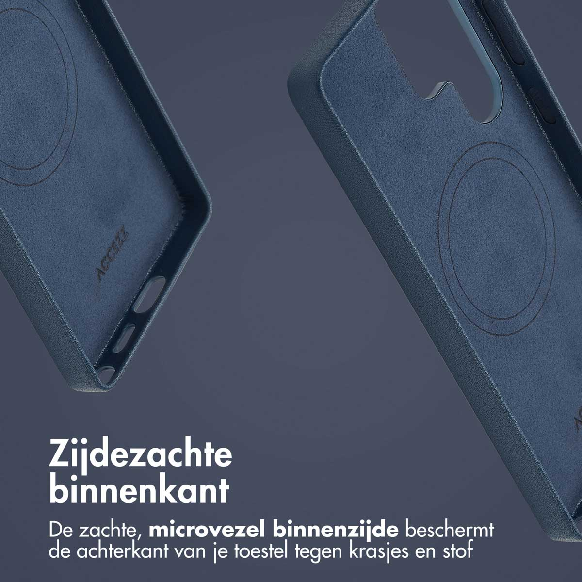 Telefoonhoes binnenkant: blauw, microvezel voering beschermt de achterkant.