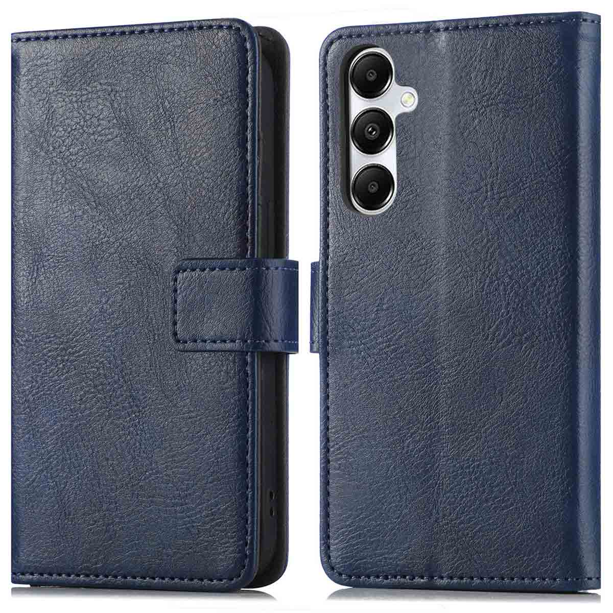 Twee donkerblauwe telefoonhoesjes, één open en één gesloten.