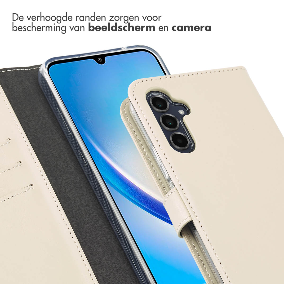 Coque de téléphone avec protection écran et caméra. La coque est crème, le téléphone visible.