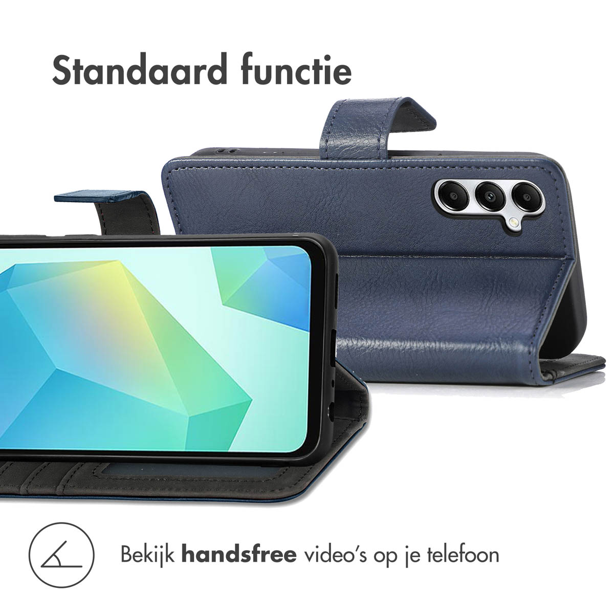 Een telefoon met blauwe hoes wordt geopend, het scherm zichtbaar. De tekst zegt 'standaard functie'.
