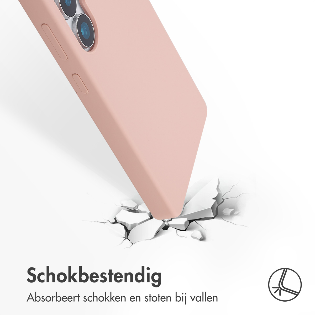 Roze telefoonhoes, met een telefoon erin, valt op een oppervlak, waardoor het barst.