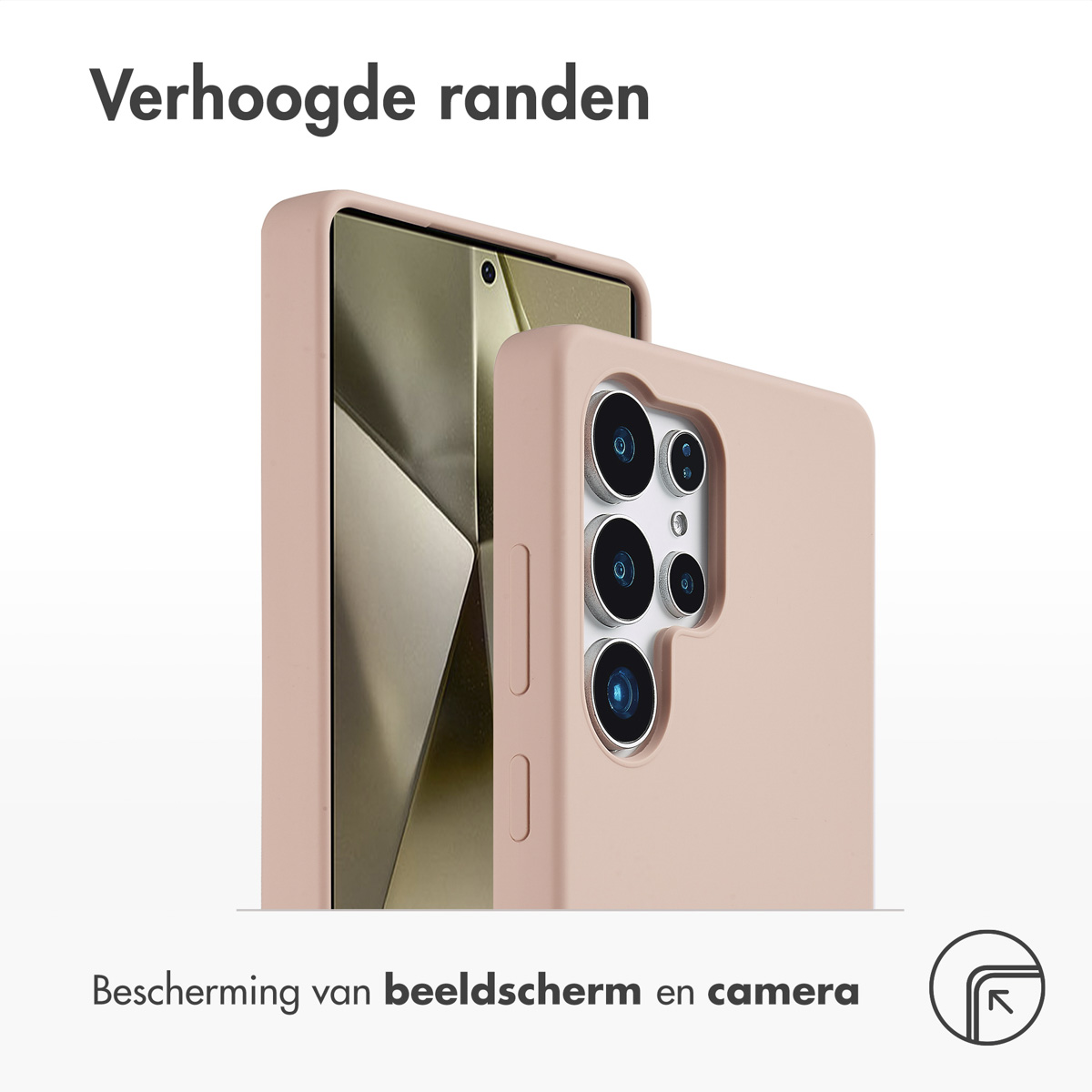 Roze telefoonhoes met verhoogde randen. Tekst: 'Bescherming van scherm en camera'.