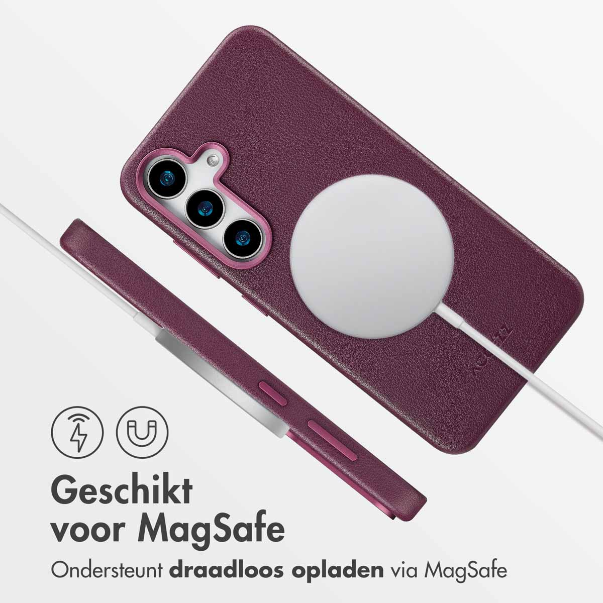 Coque de téléphone violette avec un chargeur MagSafe attaché, supportant la charge sans fil via MagSafe.