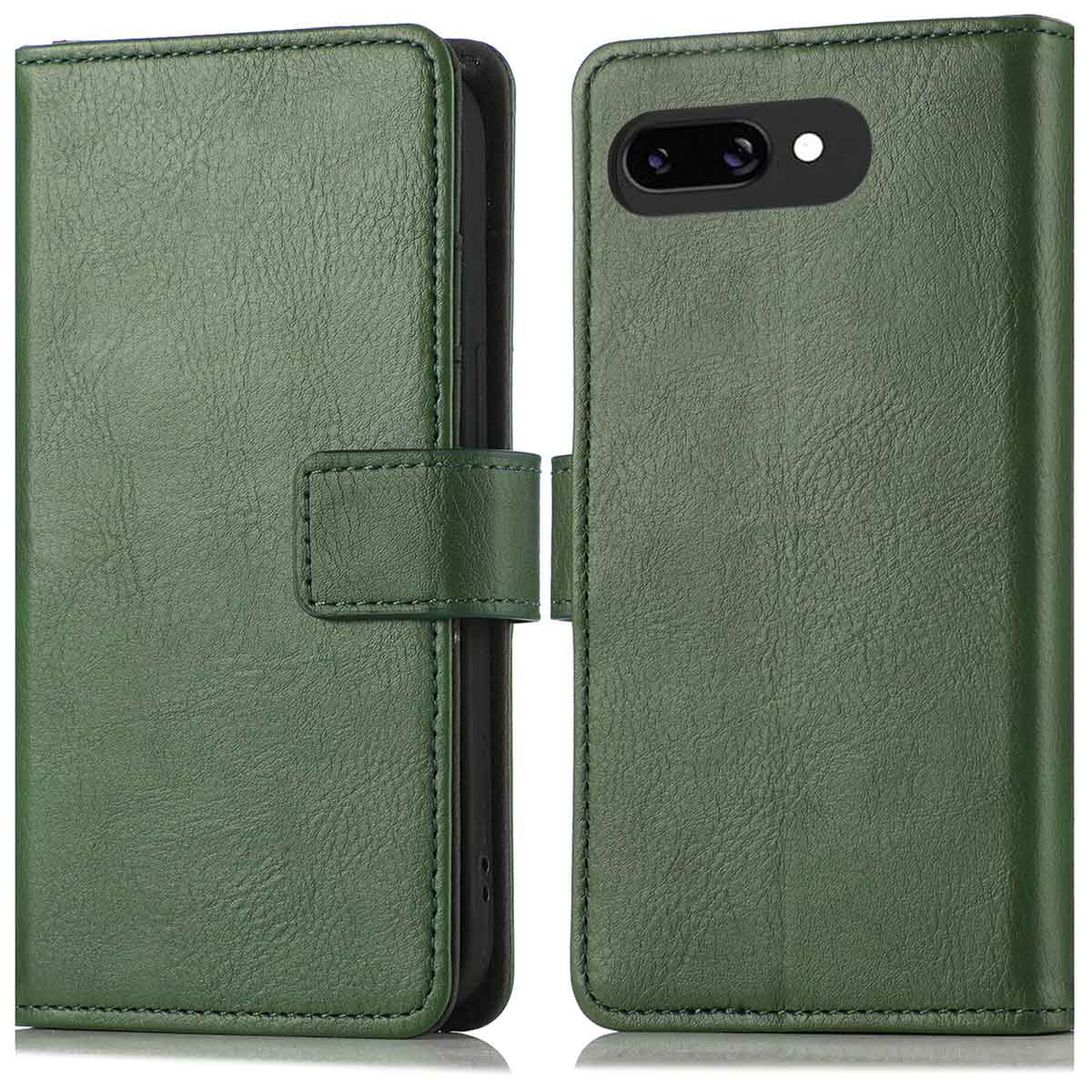 Groene leren telefoonhoes, open. Rechts zie je de telefoon en camera.