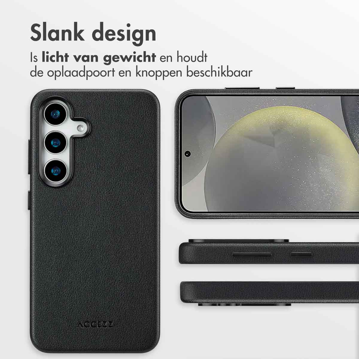 Een zwarte telefoonhoes en telefoon staan ​​naast elkaar. De telefoon heeft drie cameralenzen.