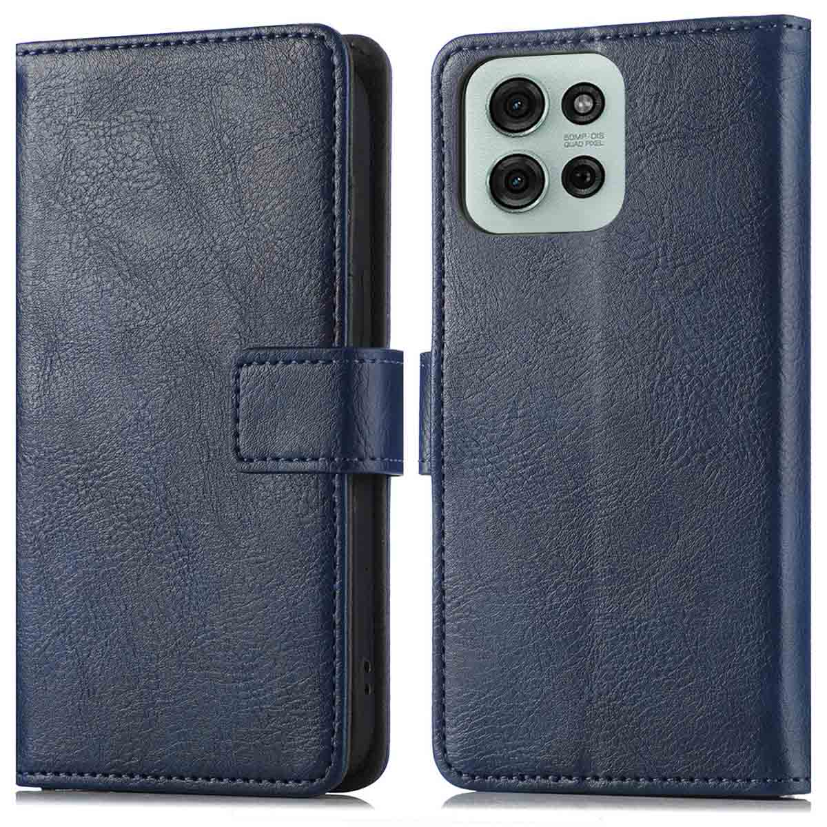 Étui de téléphone bleu marine ouvert. Le téléphone a des lentilles d'appareil photo et un fermoir.