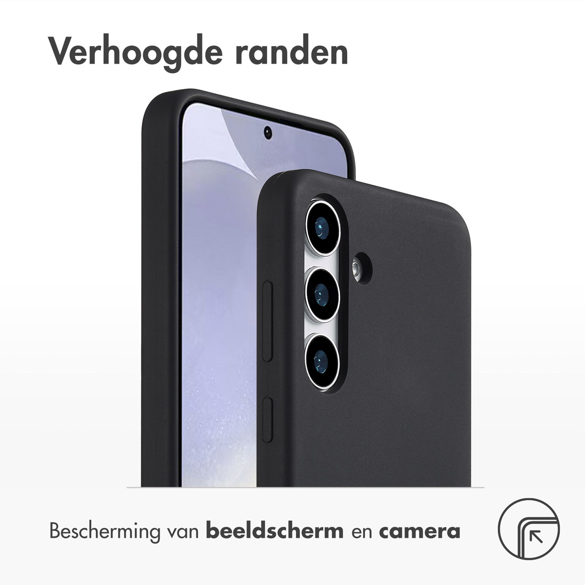 Twee zwarte telefoonhoesjes. Tekst: 'Verhoogde randen. Bescherming van scherm en camera'.