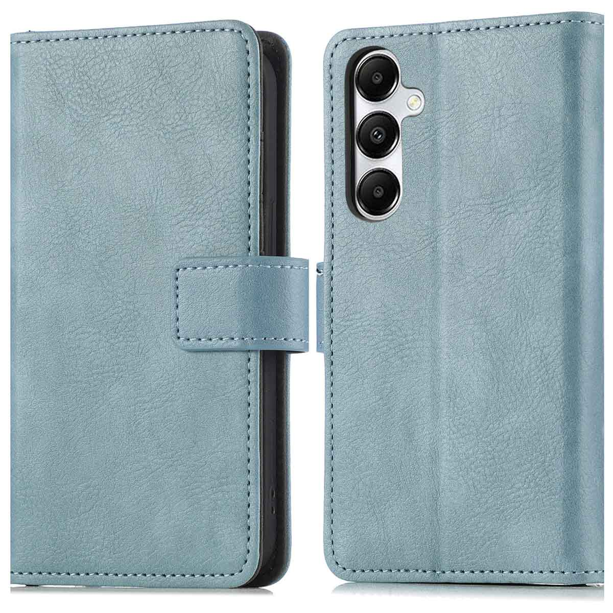 Étui de téléphone en cuir bleu clair, ouvert. Le téléphone a trois caméras arrière.