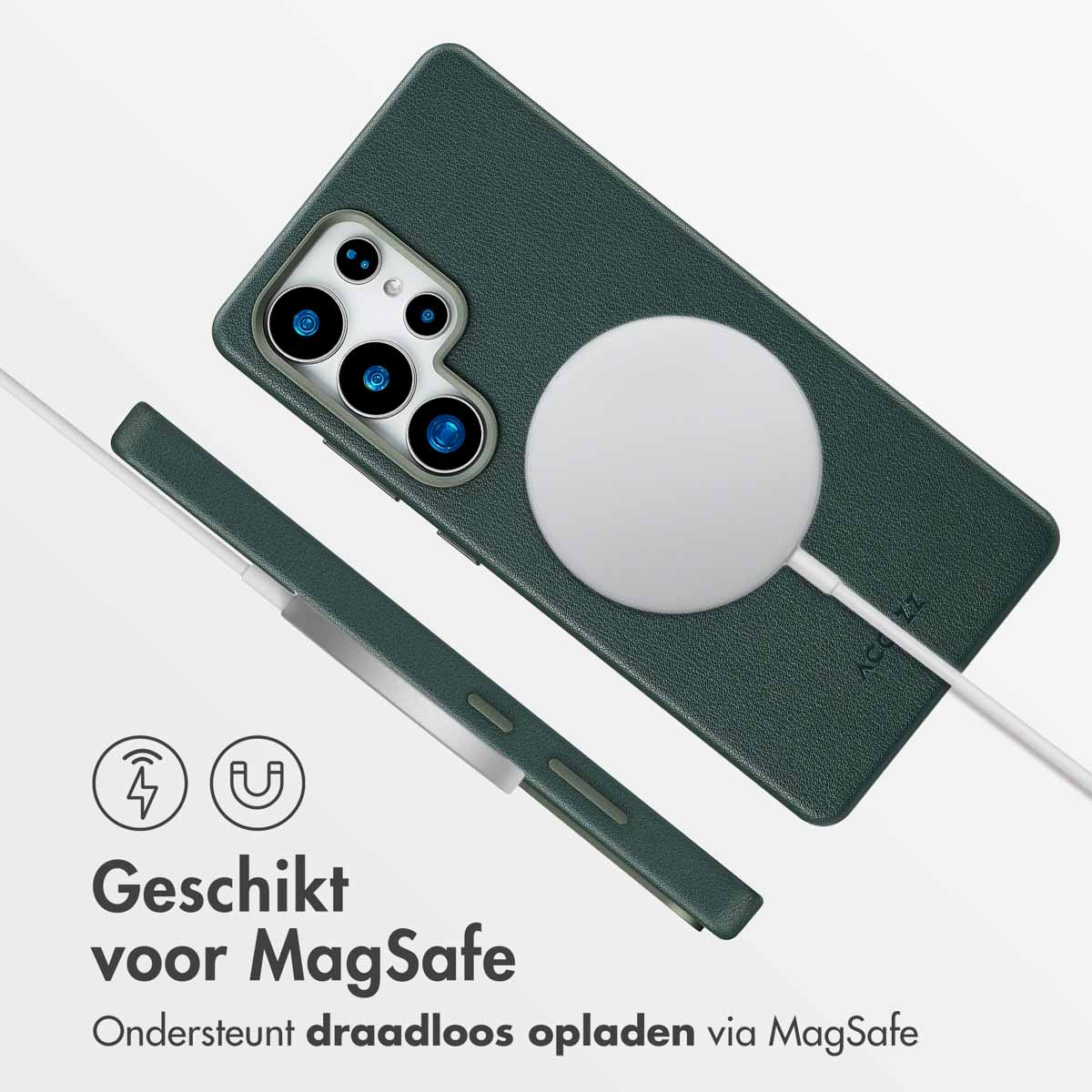 Groen telefoonhoesje met MagSafe-oplader. Tekst: Geschikt voor MagSafe, ondersteunt draadloos opladen.