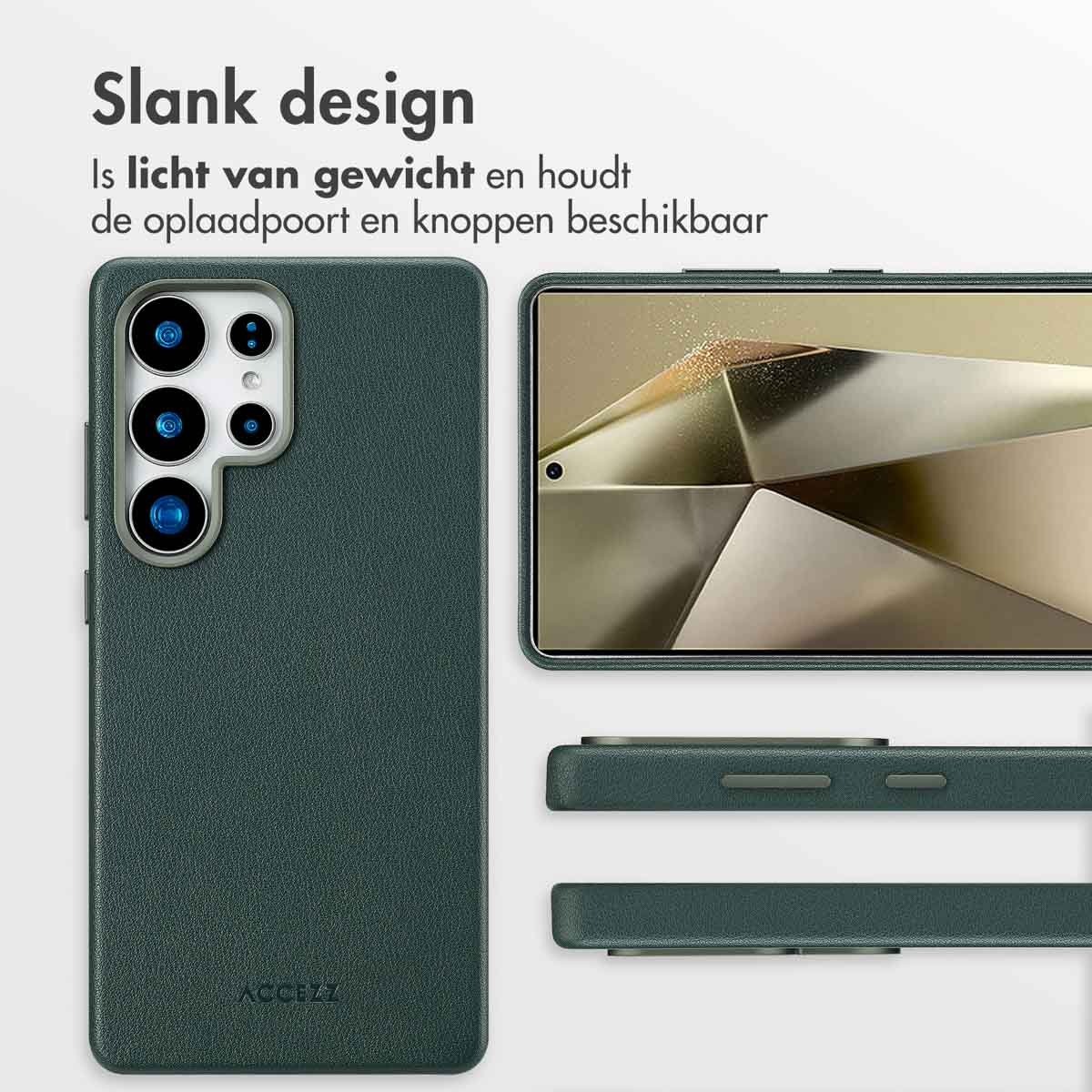 Donkergroene telefoonhoes met details van de telefoon. Tekst: 'Slank design'.