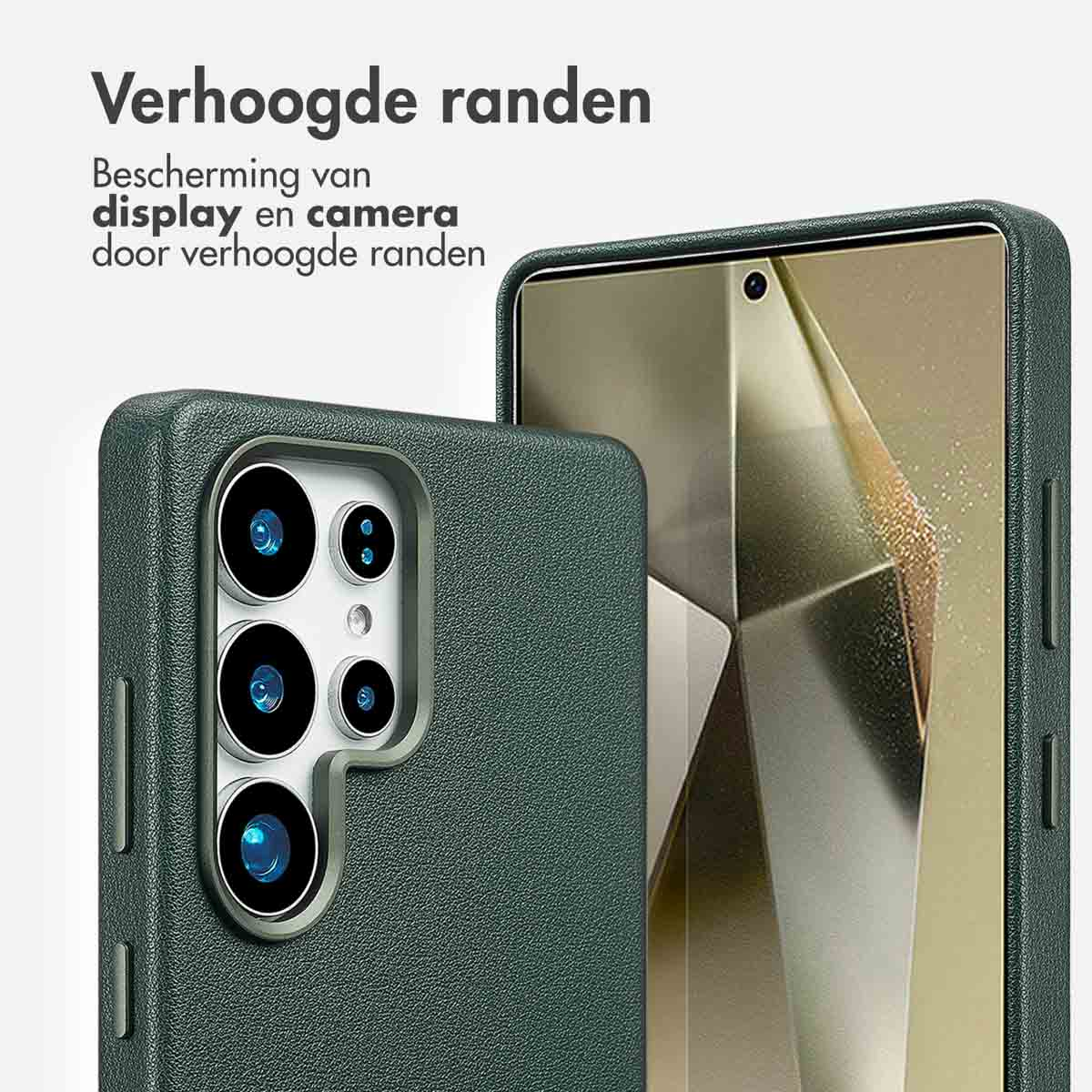 Groene telefoonhoes, close-up van telefoonscherm en camera's. Tekst over verhoogde randen.