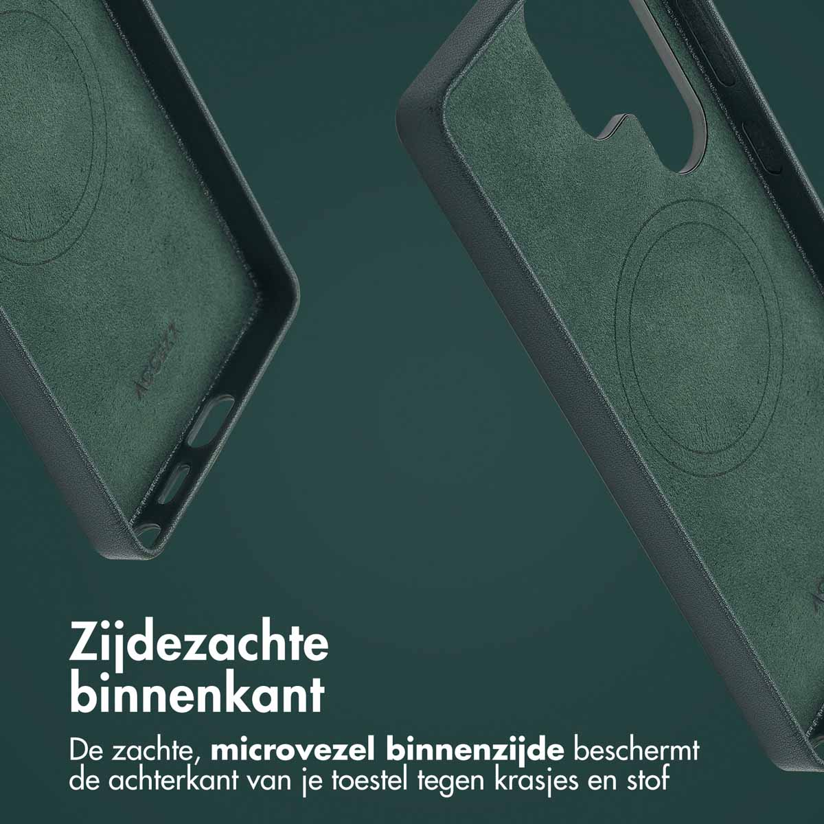 Close-up van een groene telefoonhoes binnenkant. Het heeft een zachte microvezelvoering.