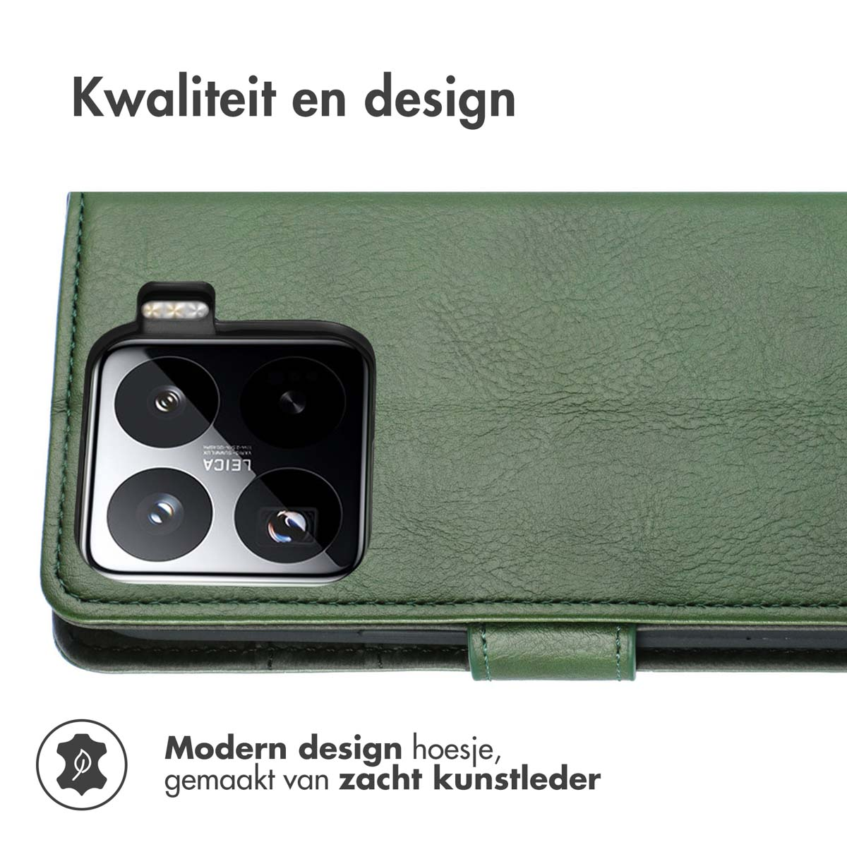 Groene telefoonhoes met de telefoon erin, en een close-up van de hoes.