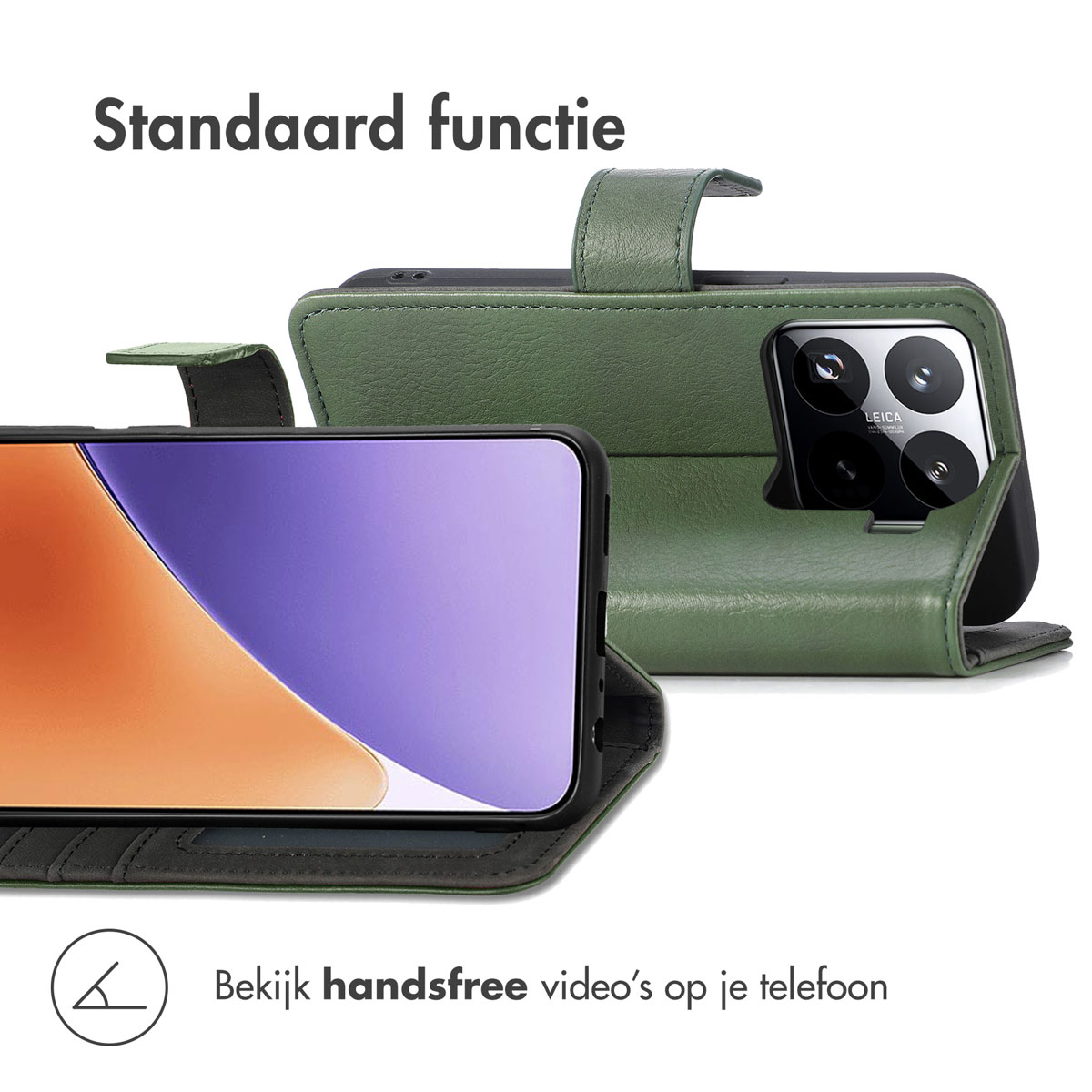Groene telefoonhoes met telefoon erin. Scherm zichtbaar, hoesje open.