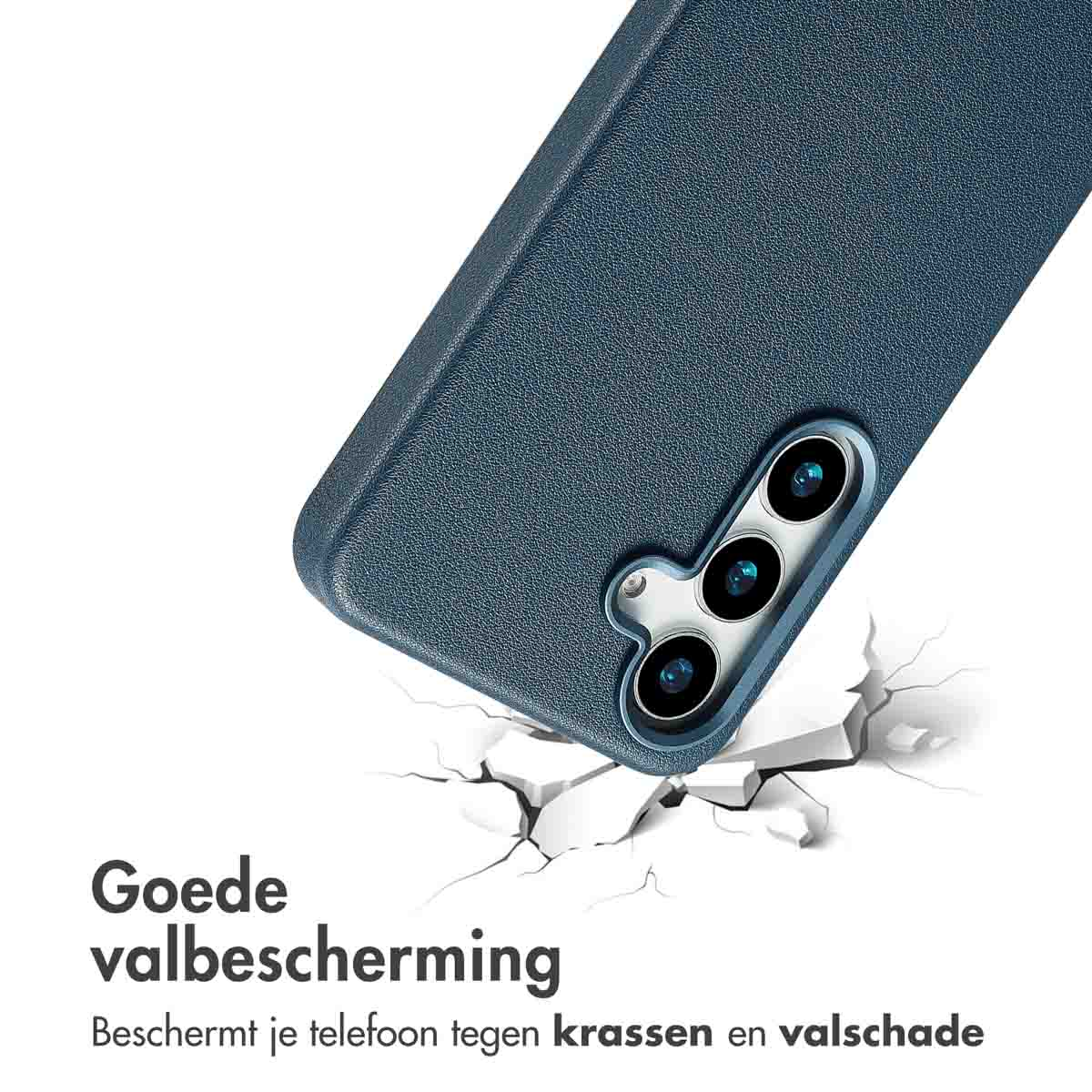 Een blauwe telefoonhoes die valt, met tekst op de grond over valbescherming.