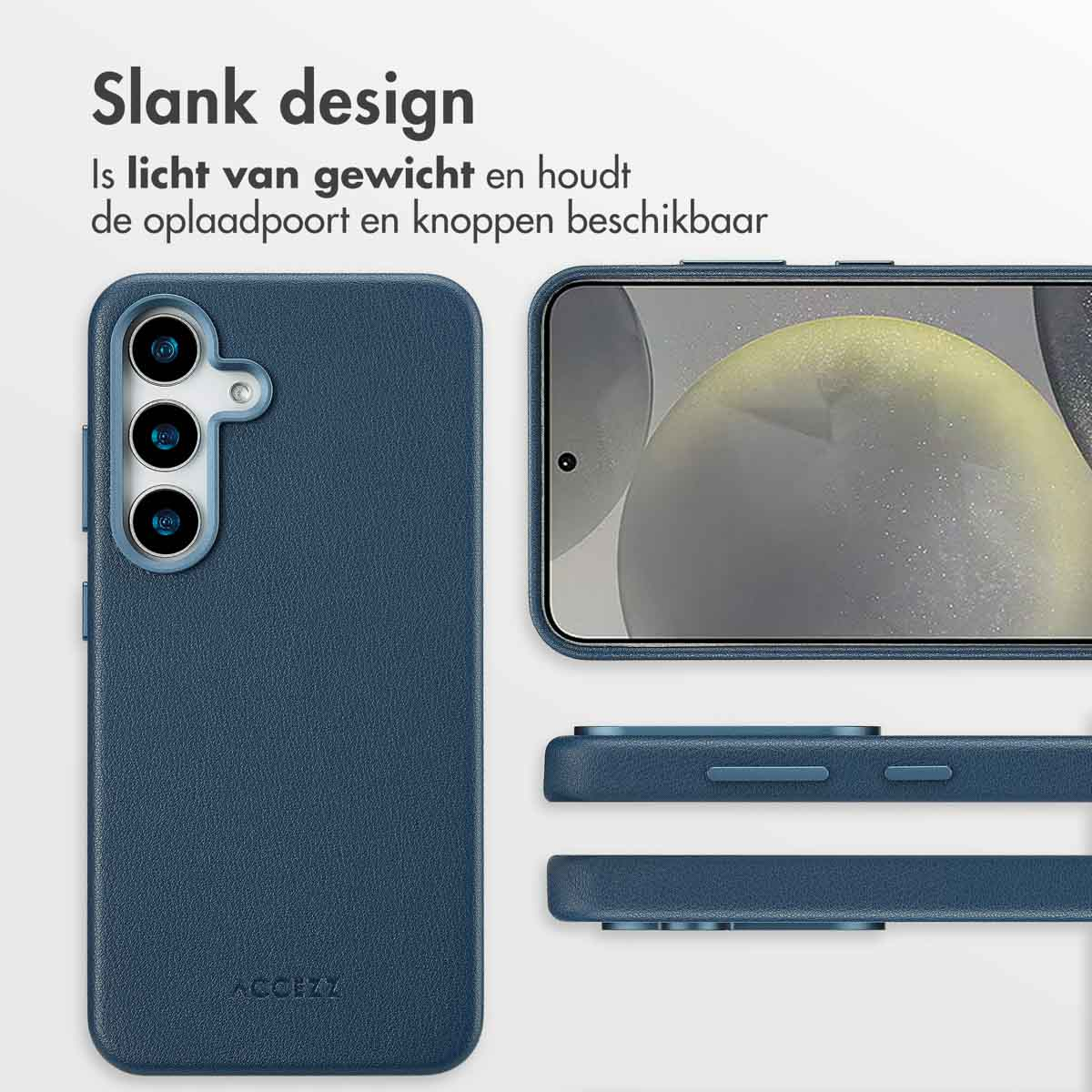 Blauwe telefoonhoes. Text: 'Is licht van gewicht en houdt de oplaadpoort en knoppen beschikbaar'.