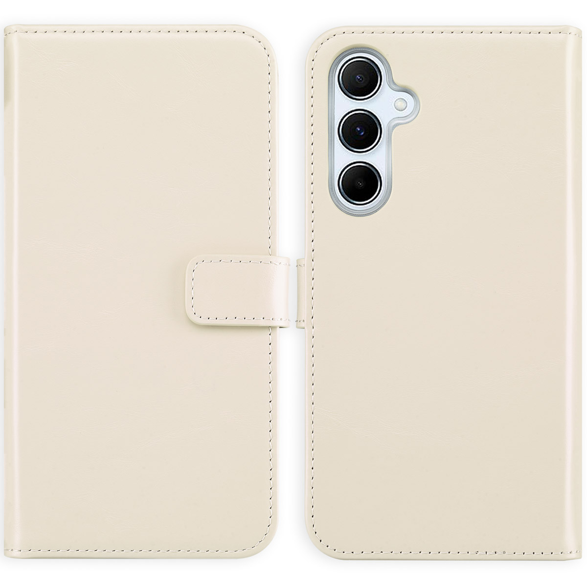 Étui de téléphone beige. Ouvert, montrant téléphone et caméra. Coutures et fermoir.