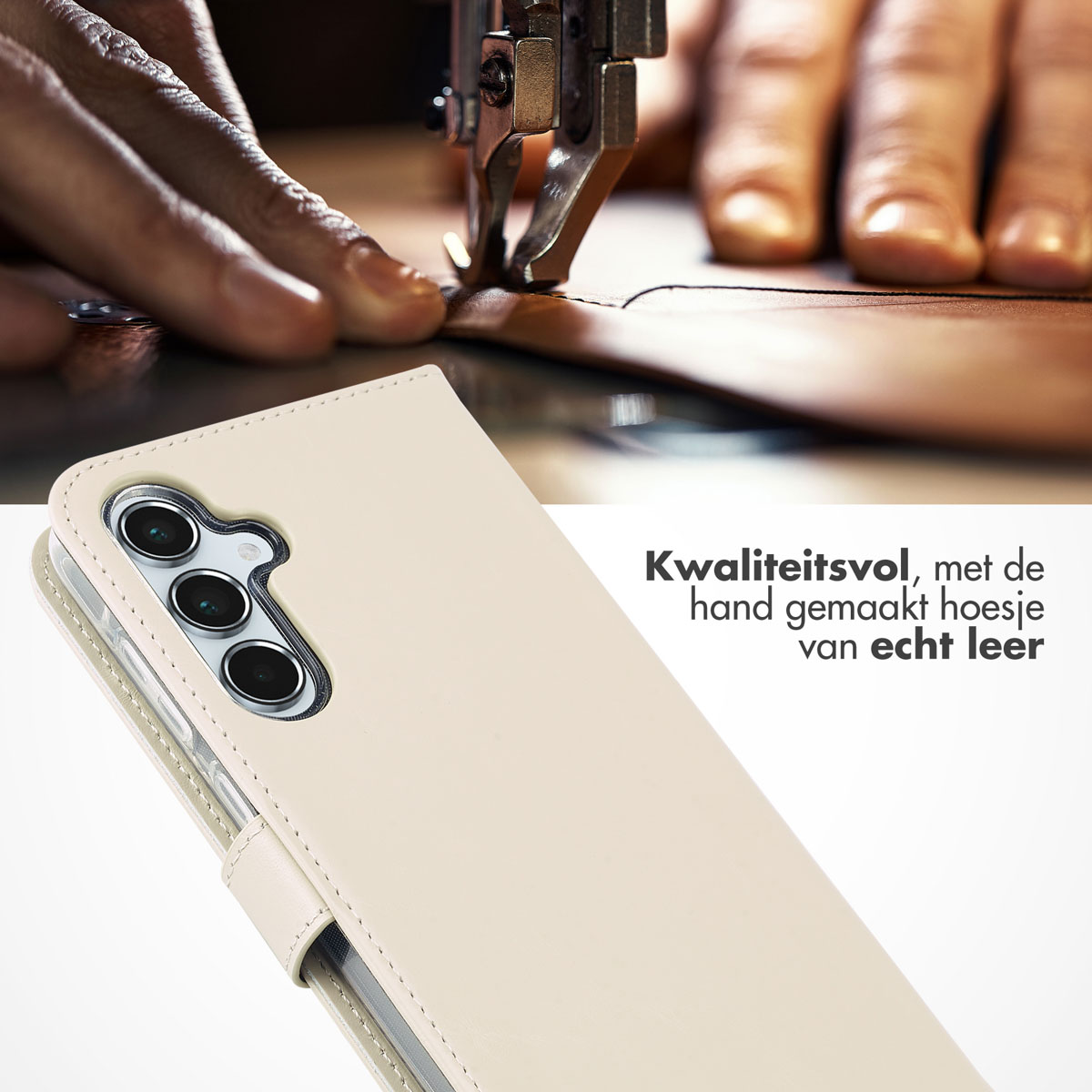 Coque de téléphone beige, avec détails de couture, en cours de fabrication. Une personne travaille.