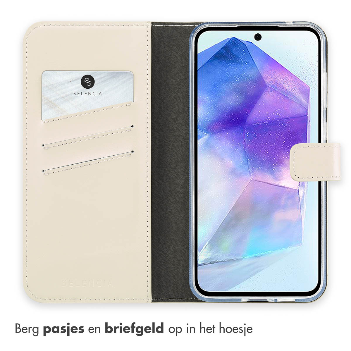 Étui de téléphone ouvert avec des emplacements pour cartes. Texte : 'Rangez les cartes et l'argent dans l'étui'.