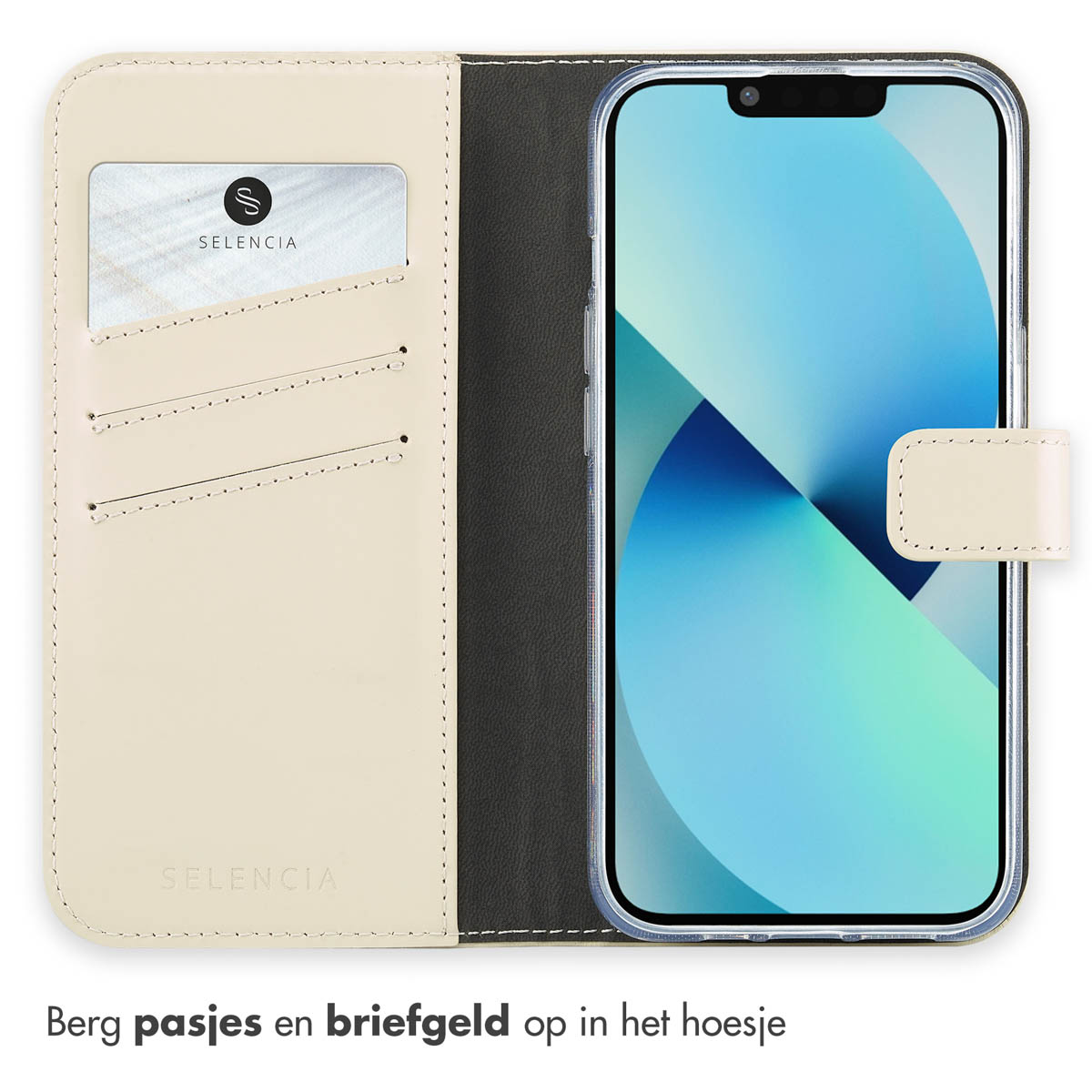Een telefoonhoesje open met een telefoon erin, met sleuven voor creditcards en een kaart.
