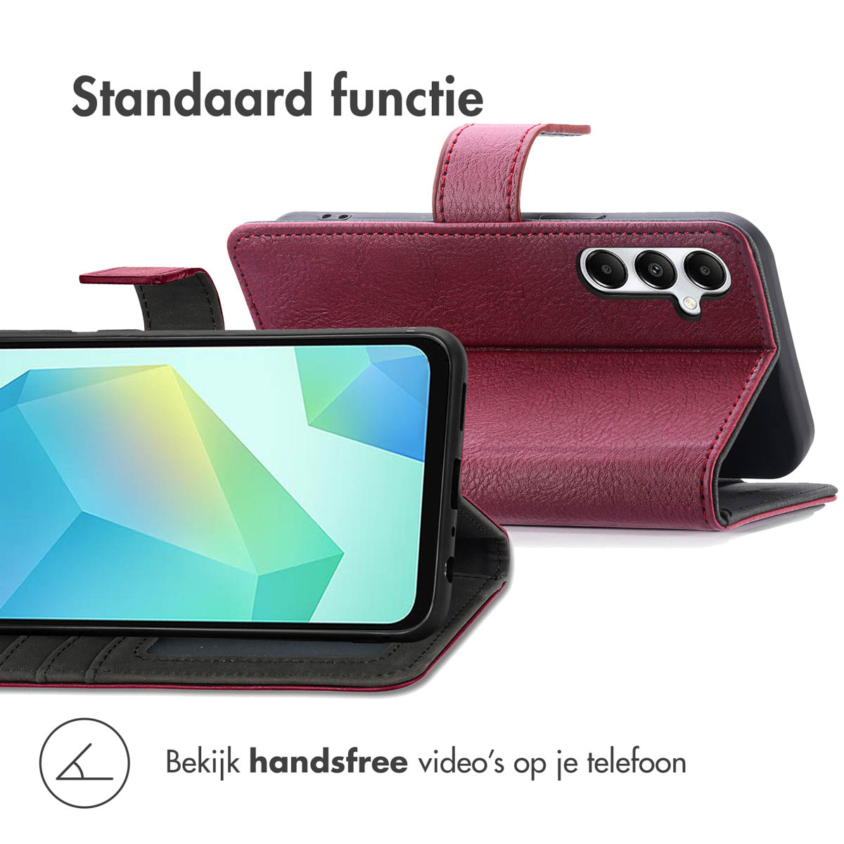 Een telefoon met donkerrode hoes wordt geopend, het scherm zichtbaar. De tekst zegt 'standaard functie'.