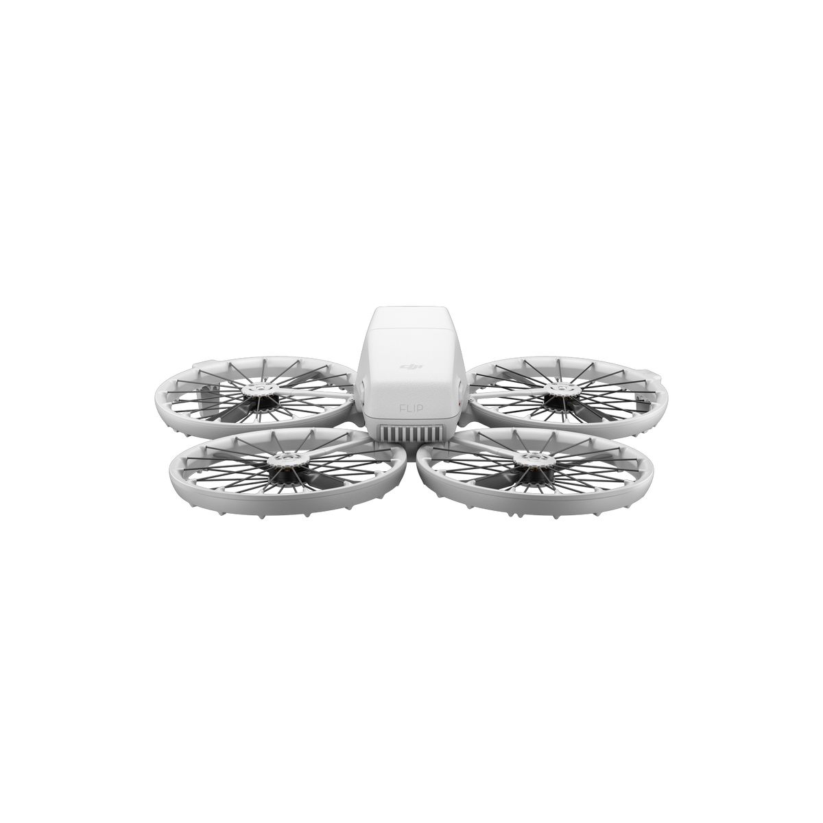 Dron blanco con cuatro hélices, centrado sobre fondo negro. Cuerpo blanco con la palabra 'FLIP'.