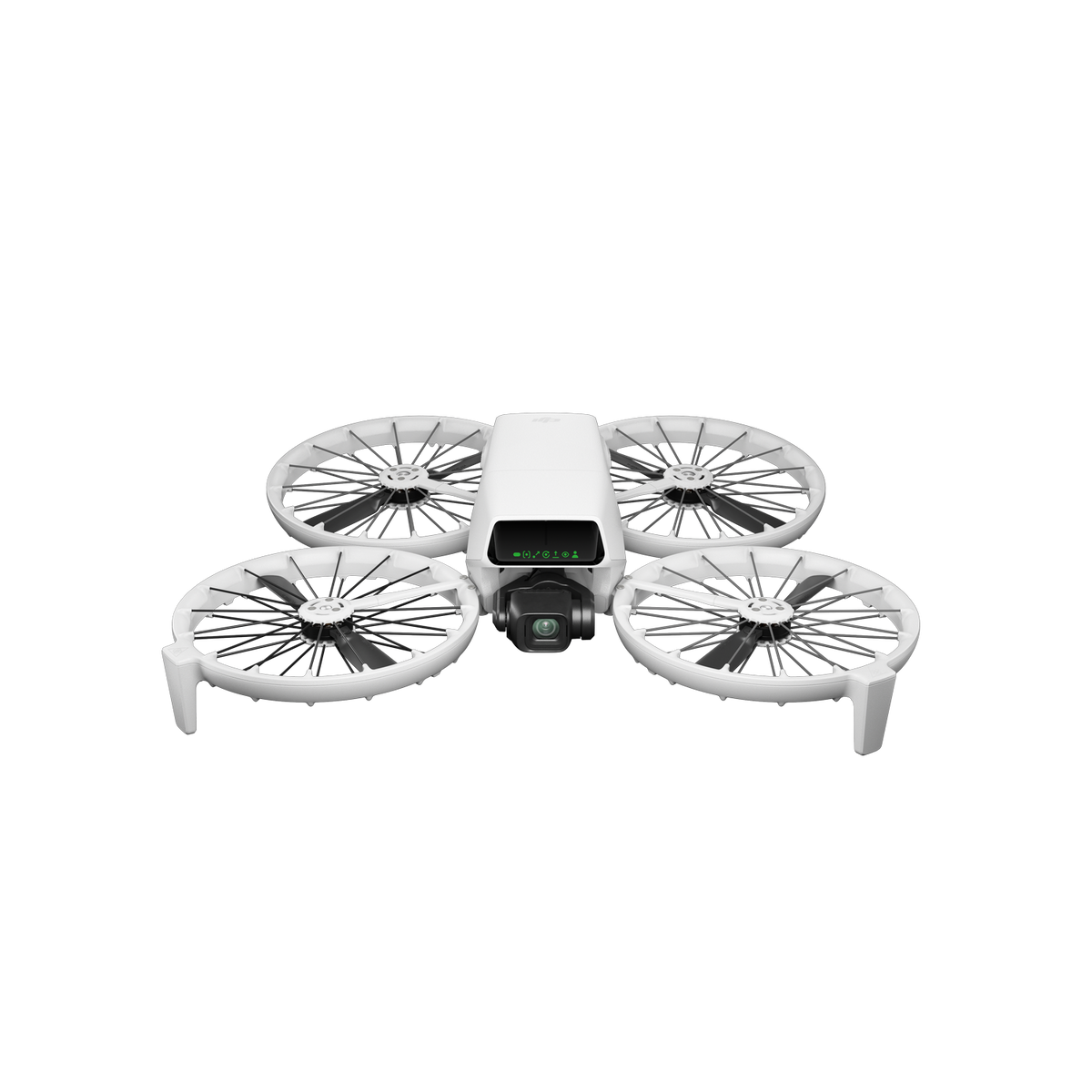 Un dron blanco con cuatro hélices. Tiene una cámara y está sobre un fondo negro.