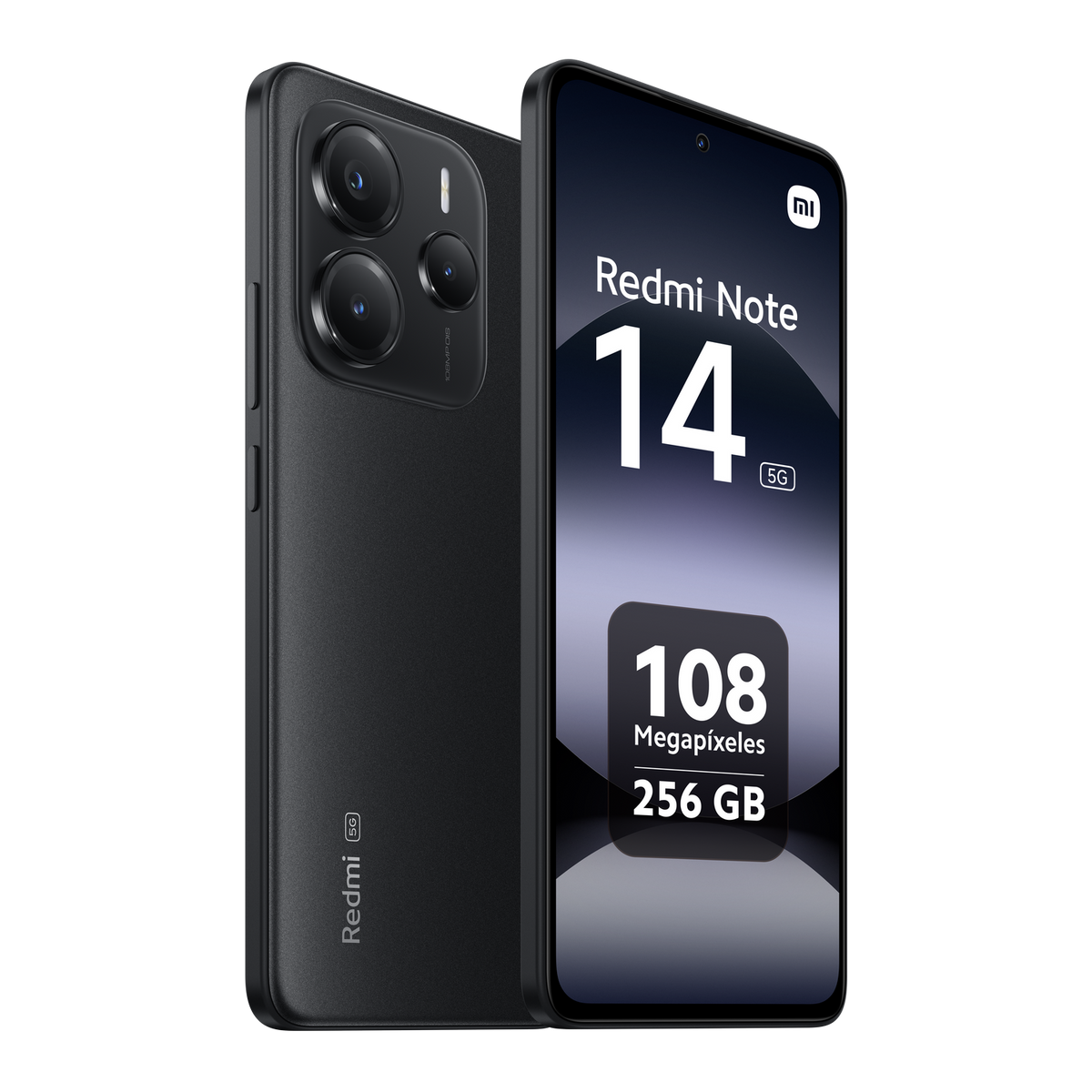 Czarny smartfon z potrójnym aparatem, ekran wyświetla 'Redmi Note 14 5G', 108 megapikseli, 256 GB.