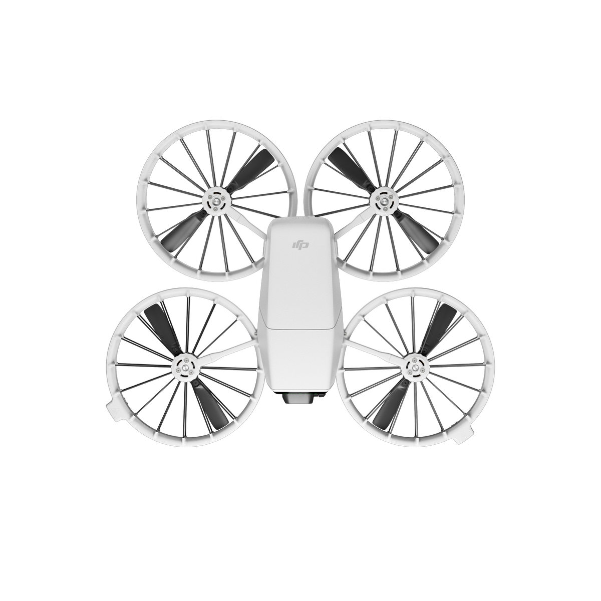 Dron blanco desde arriba, con cuatro hélices. Hélices negras y cuerpo blanco.