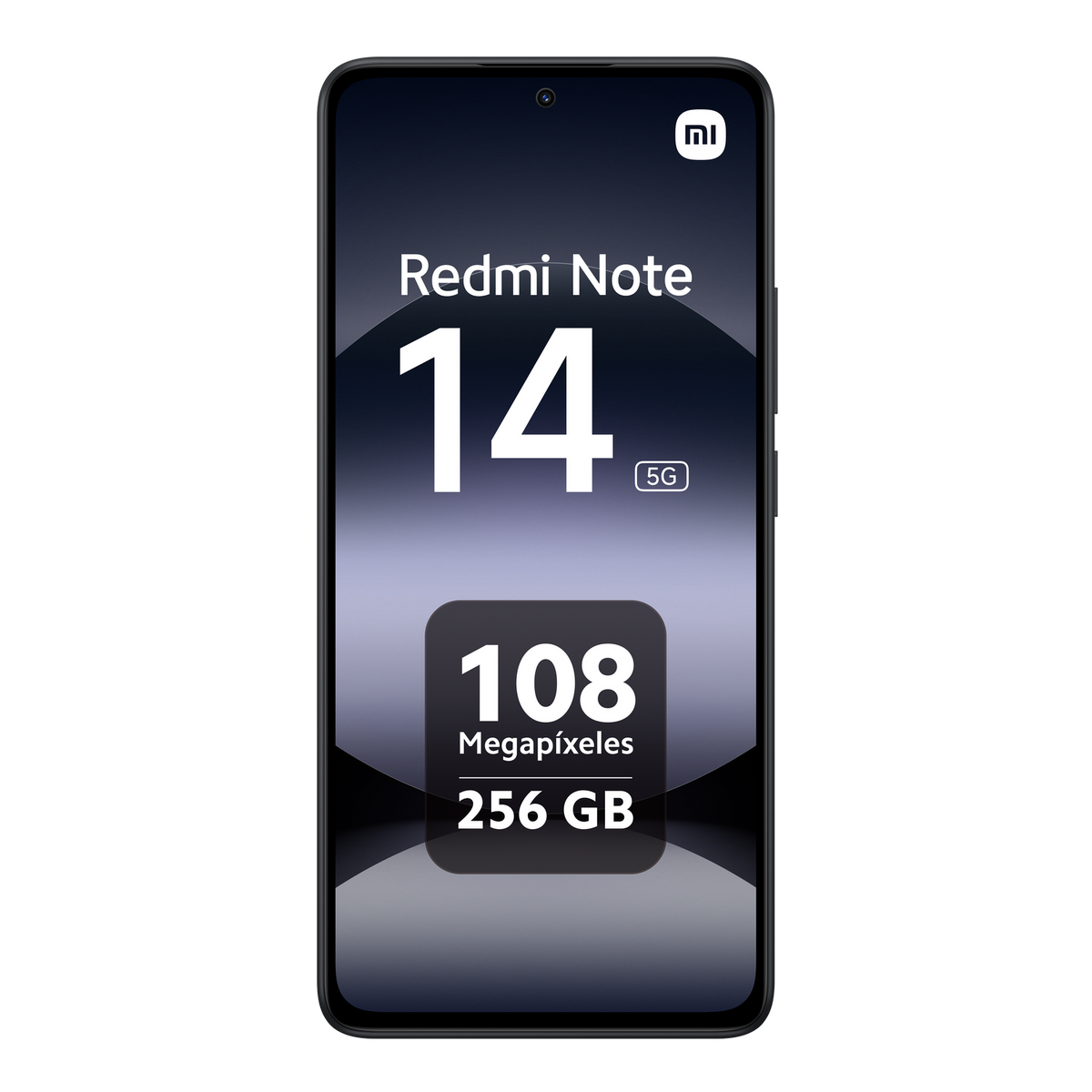 Czarny telefon Redmi Note 14 5G z 108 megapikselami i tekstem 256 GB na ekranie.
