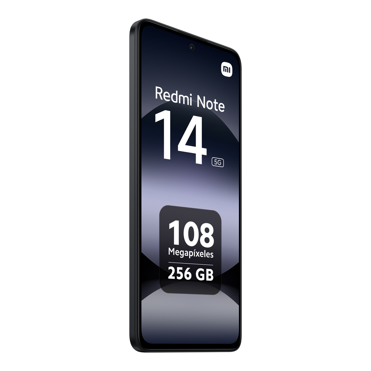 Czarny smartfon z 'Redmi Note 14' na ekranie, 108 Megapikseli i 256 GB.