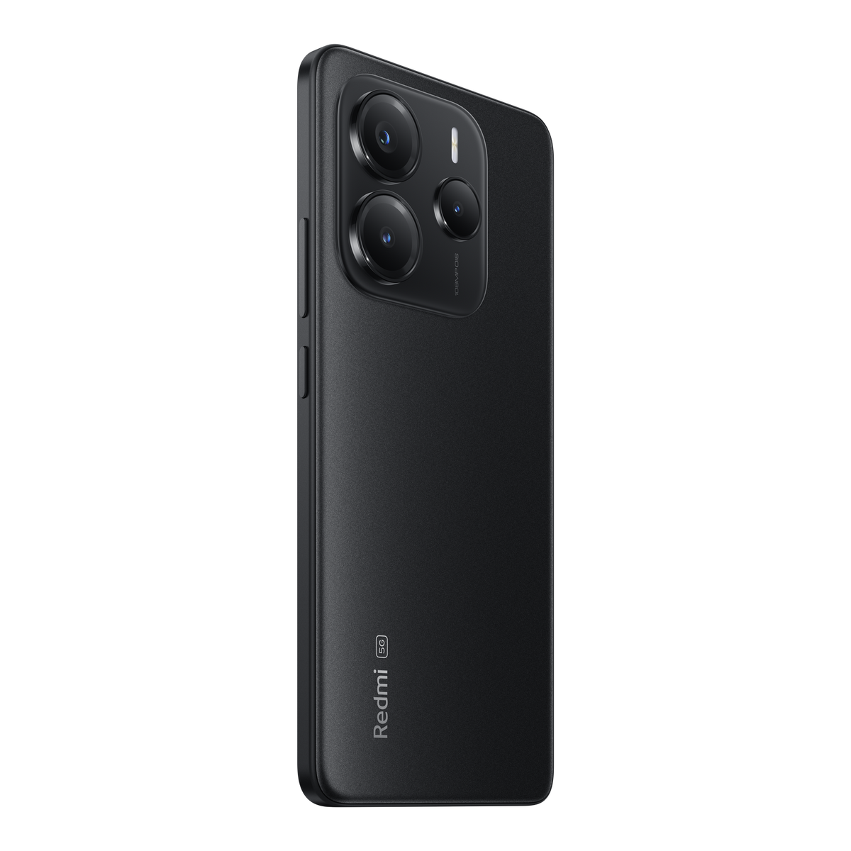 Czarny telefon Redmi. Widoczne trzy obiektywy aparatu z tyłu. Czarne tło.