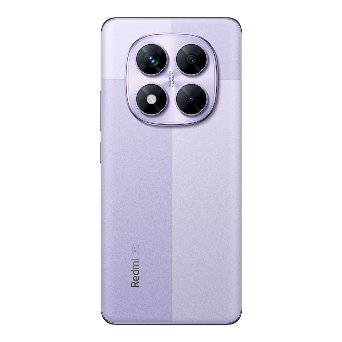 Fioletowy tył telefonu z czterema obiektywami aparatu i tekstem Redmi 5G. Telefon ma jasny i ciemnofioletowy design.