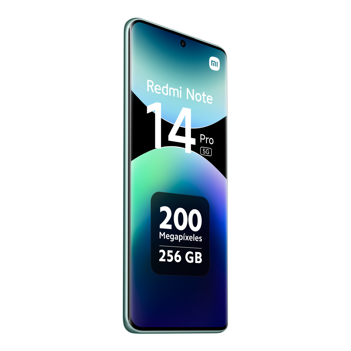 Telefon z ekranem pokazującym 'Redmi Note 14 Pro 5G', 200MP i 256GB. Ma ramkę w kolorze morskim.
