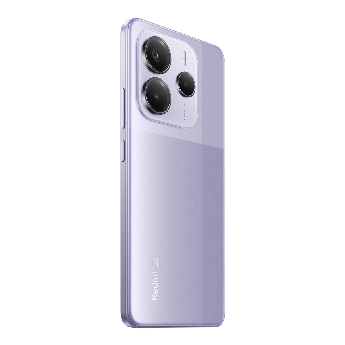 Fioletowy telefon Redmi 5G, widok z boku, z trzema tylnymi aparatami. Czarne tło.