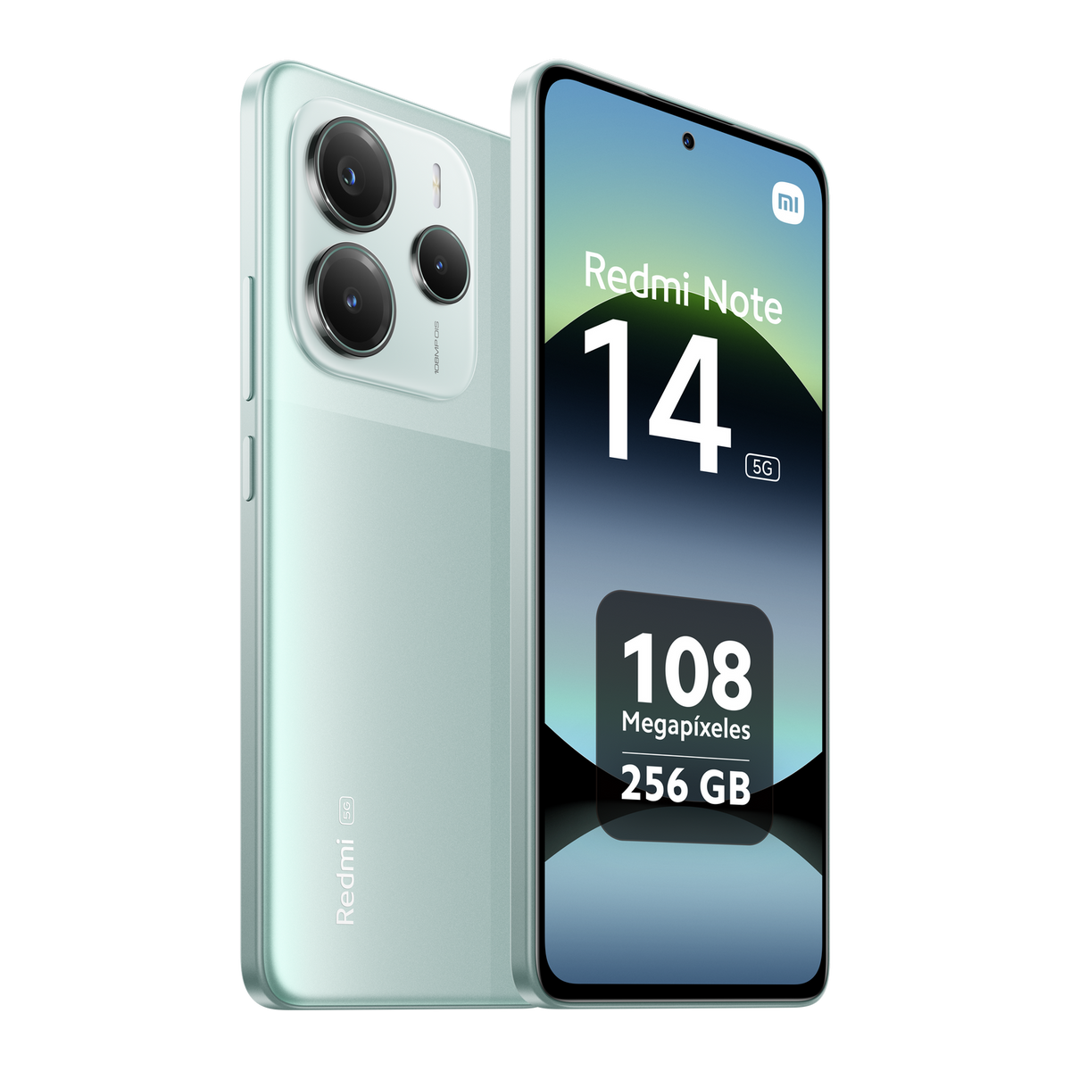 Telefon komórkowy, po prawej stronie i z boku, z etykietą Redmi Note 14 5G.