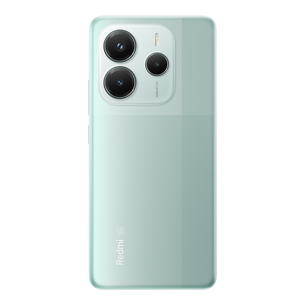 Miętowy zielony telefon Redmi 5G. Z tyłu ma trzy aparaty i lampę błyskową.