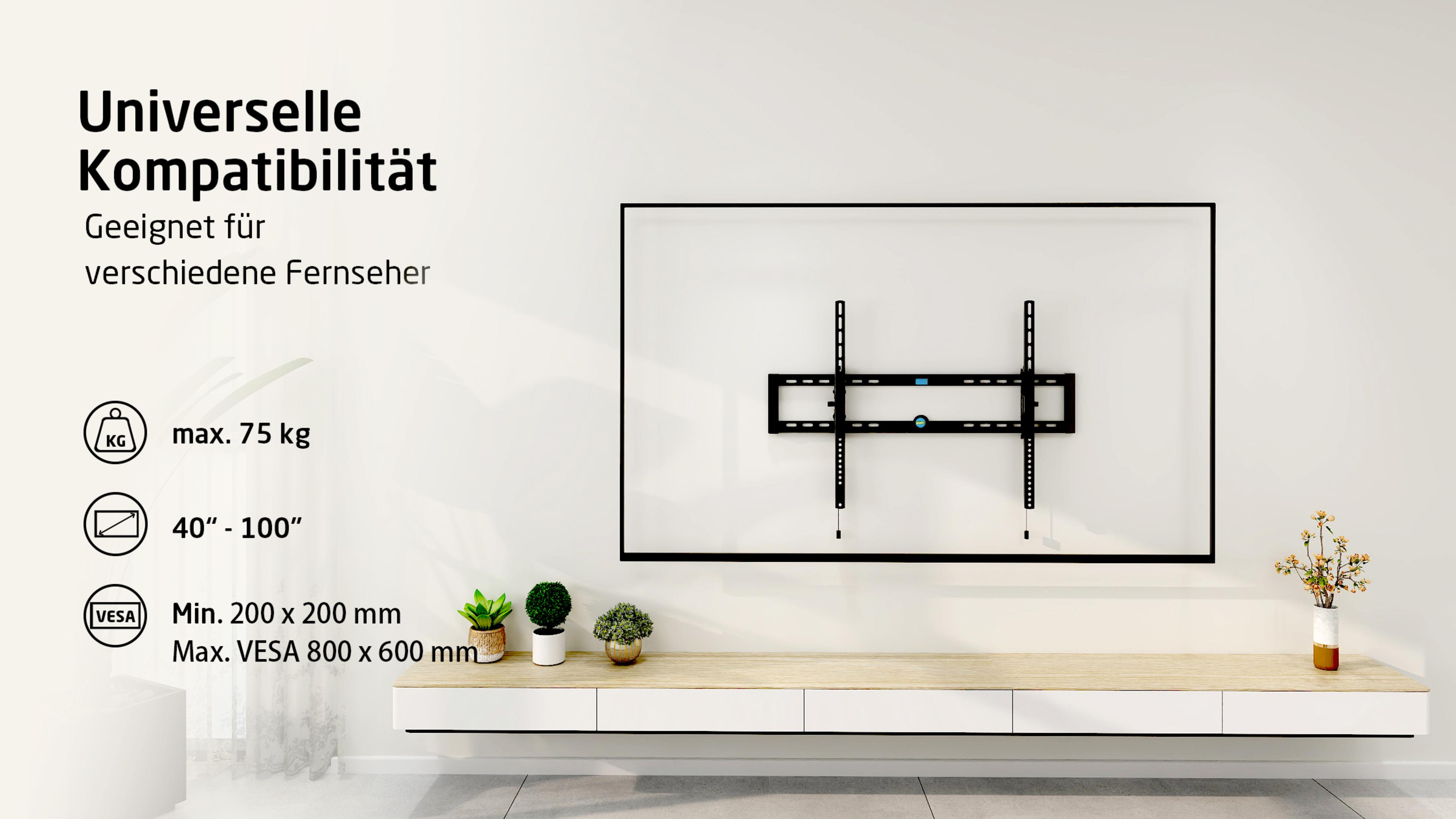 Ein Fernseher an der Wand, mit einem Regal darunter. Das Bild zeigt maximale Gewichts- und Größenkompatibilität.