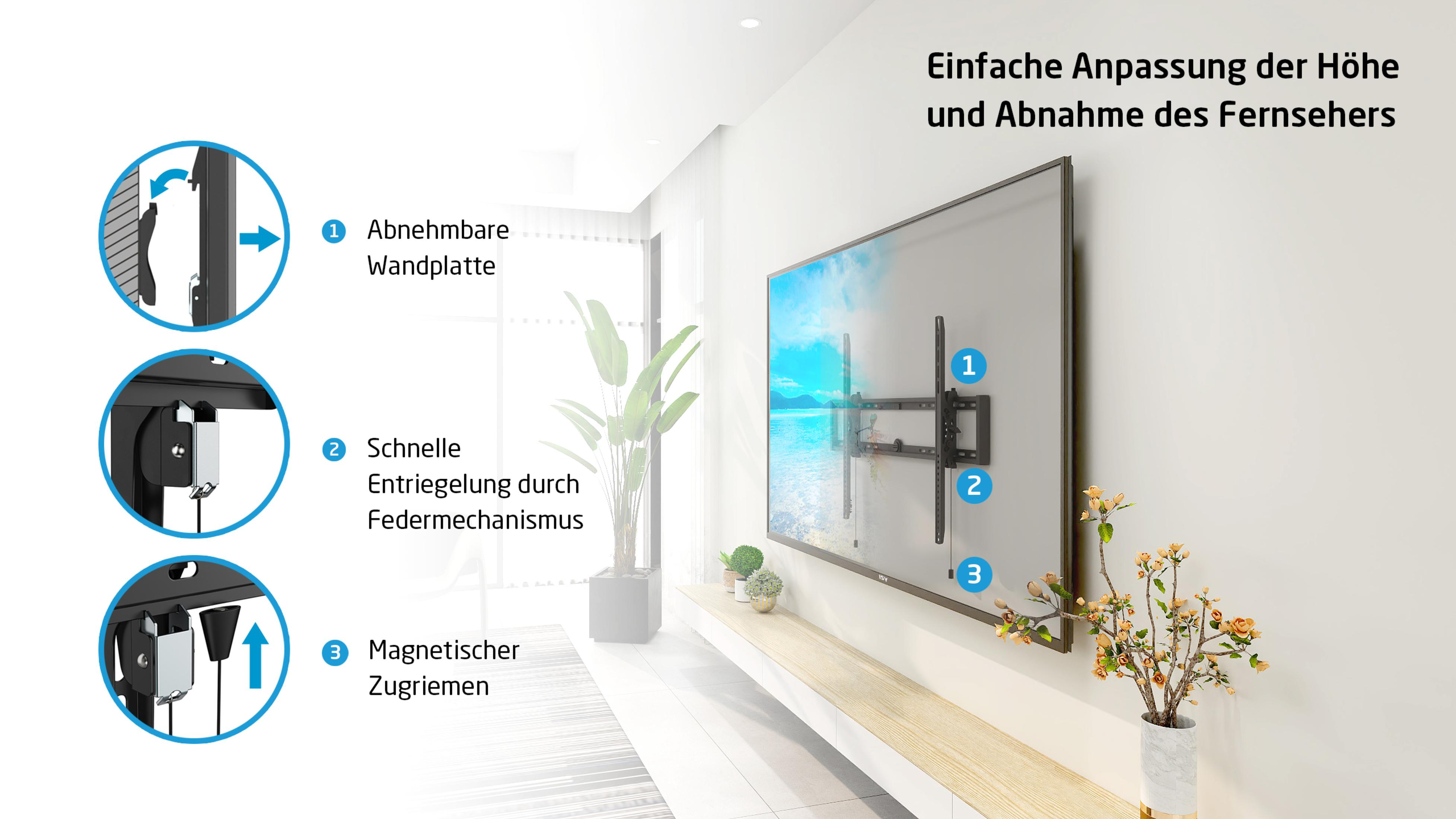 Installationsanleitung für TV-Halterung mit Illustrationen. Der Fernseher ist mit nummerierten Schritten an der Wand befestigt.