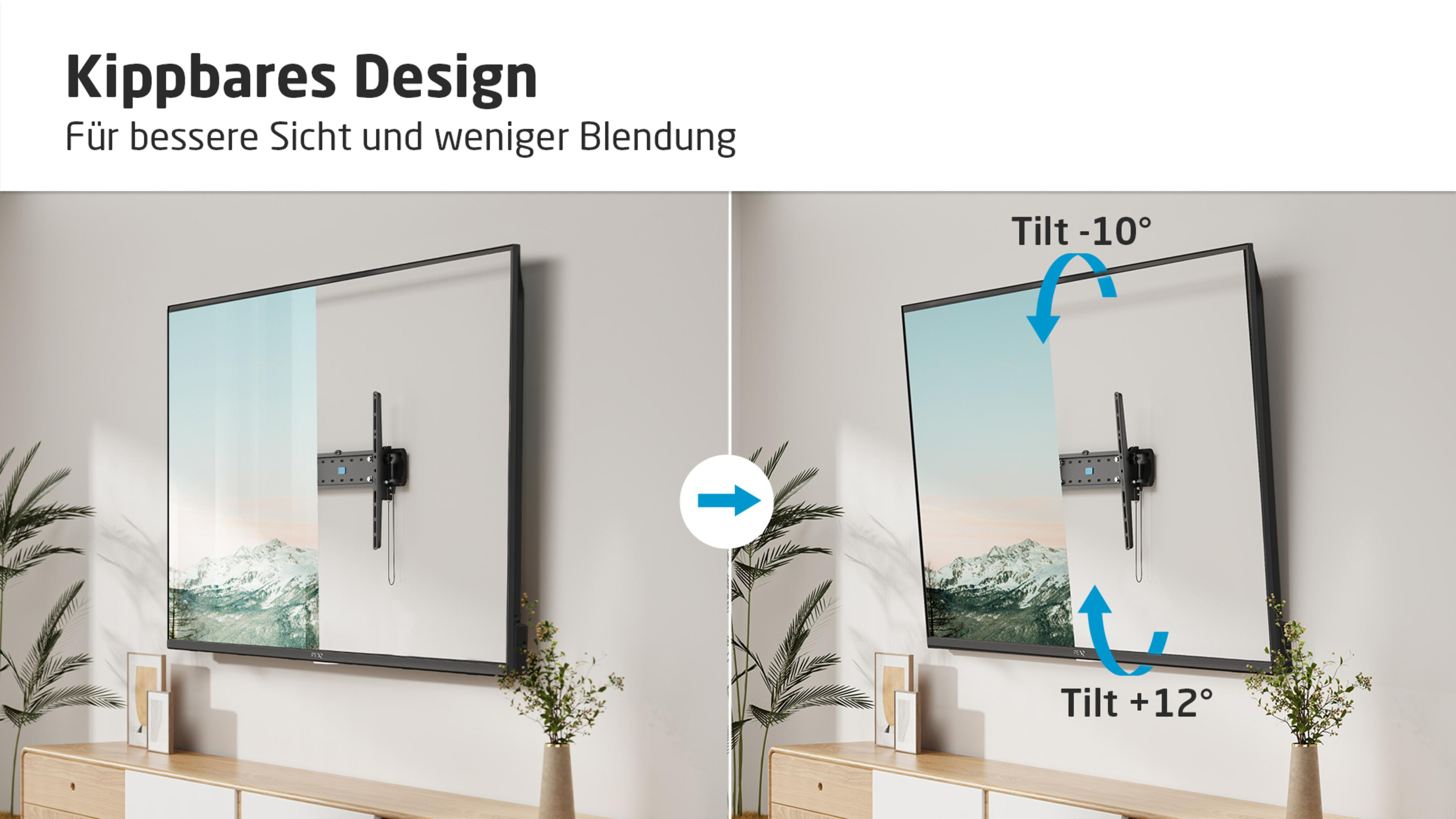 An der Wand montierter Fernseher, mit Diagrammen, die Neigungseinstellungen zeigen. Weiße Wand und dunkler Fernseher.