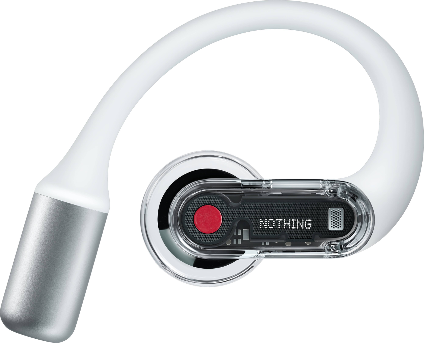 Zbliżenie białej słuchawki. Słuchawka ma białą, zakrzywioną konstrukcję z czarnym i czerwonym elementem.
