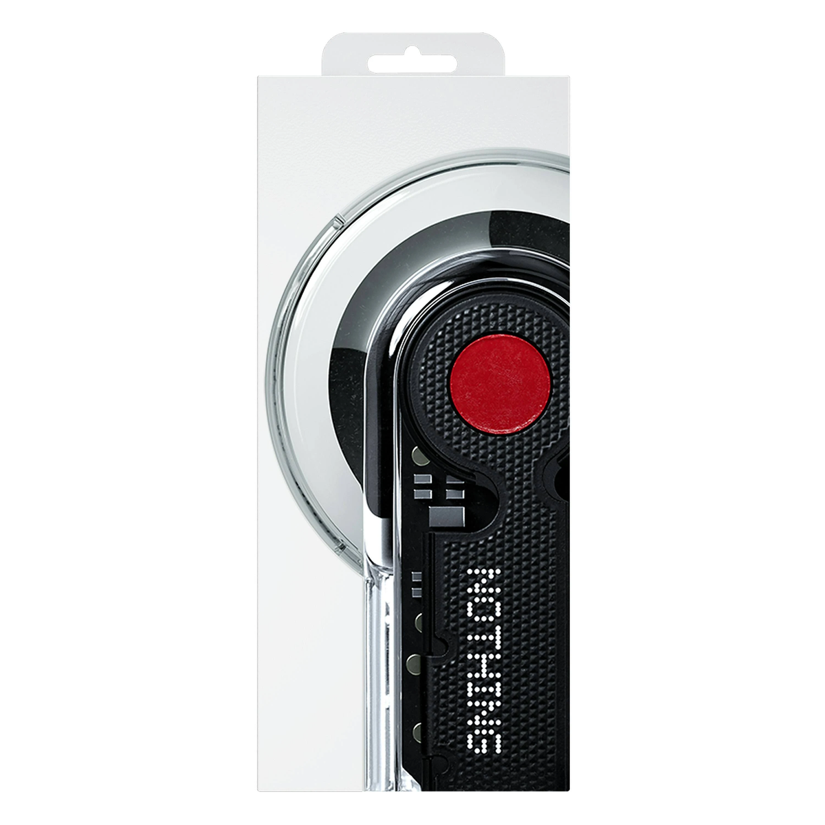 Słuchawki douszne w przezroczystym etui, z czerwonym przyciskiem, na białym tle.