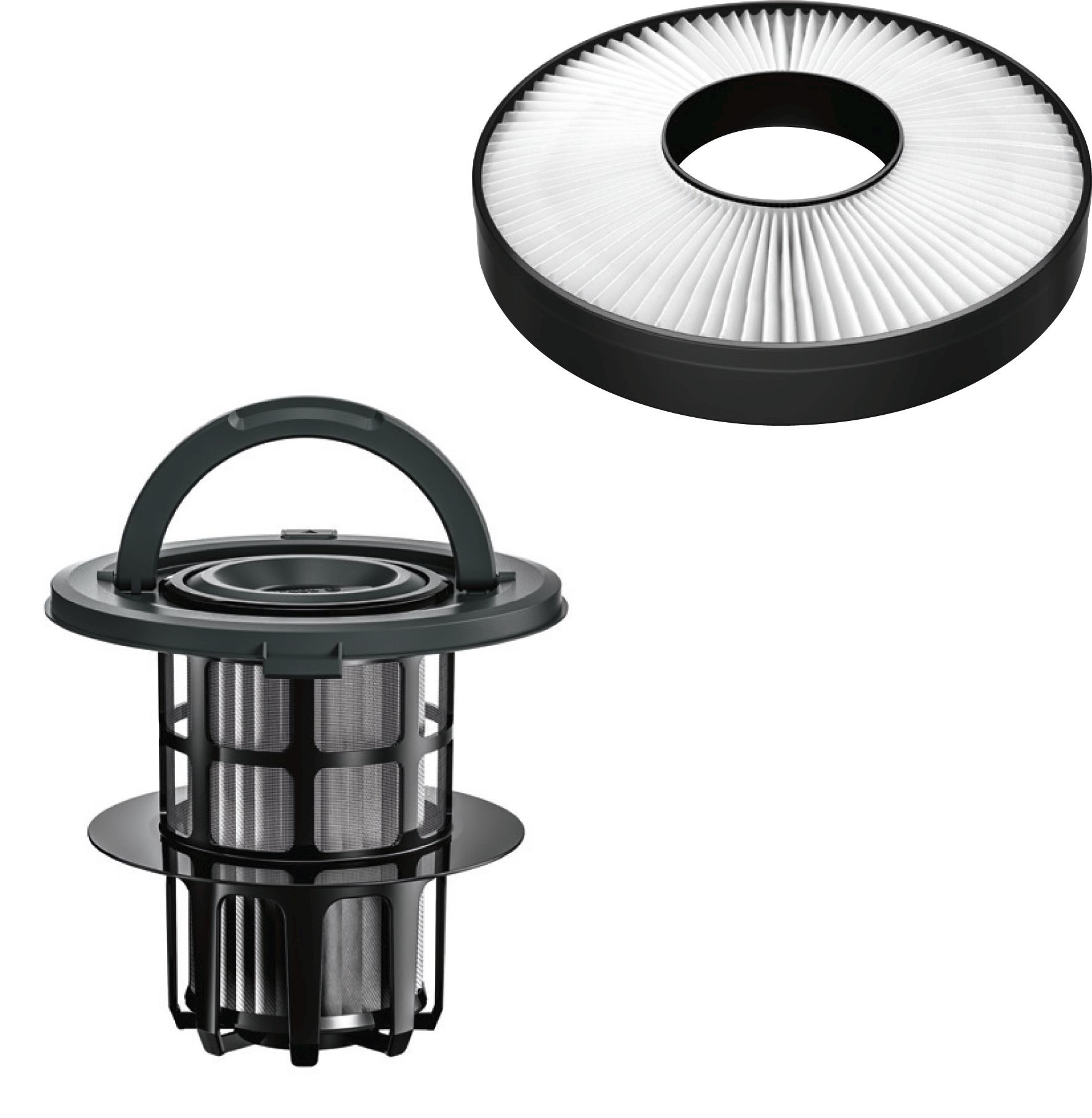 Dwa filtry do odkurzacza i uchwyt filtra. Czarny i biały.