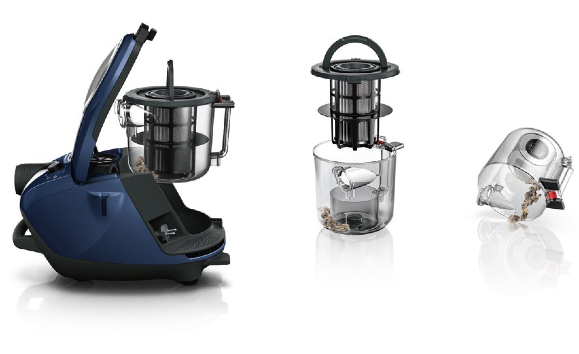 Niebieski odkurzacz z otwartym pojemnikiem, trzy oddzielne części, białe tło.