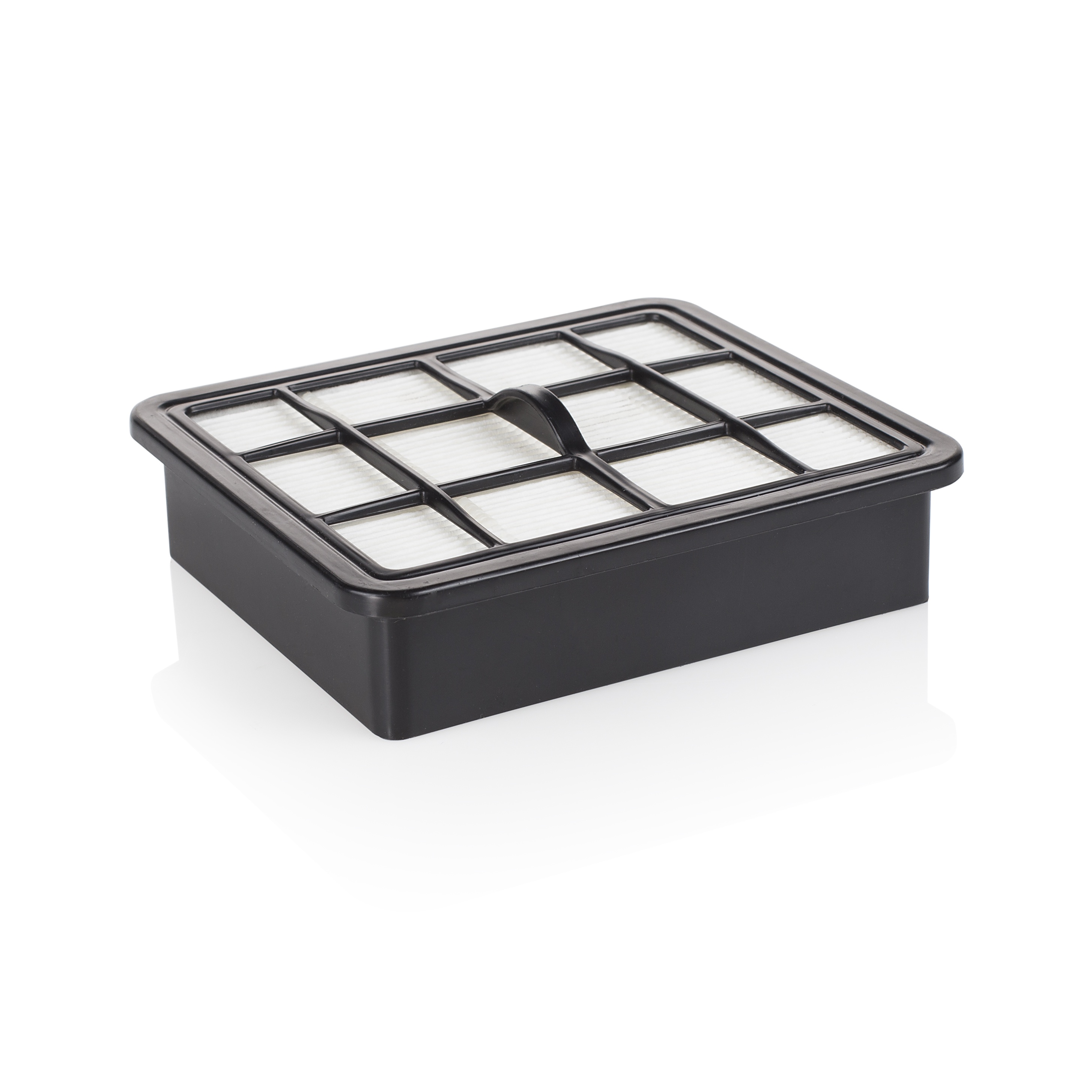 Czarna skrzynka filtra do odkurzacza z białymi elementami filtrującymi.